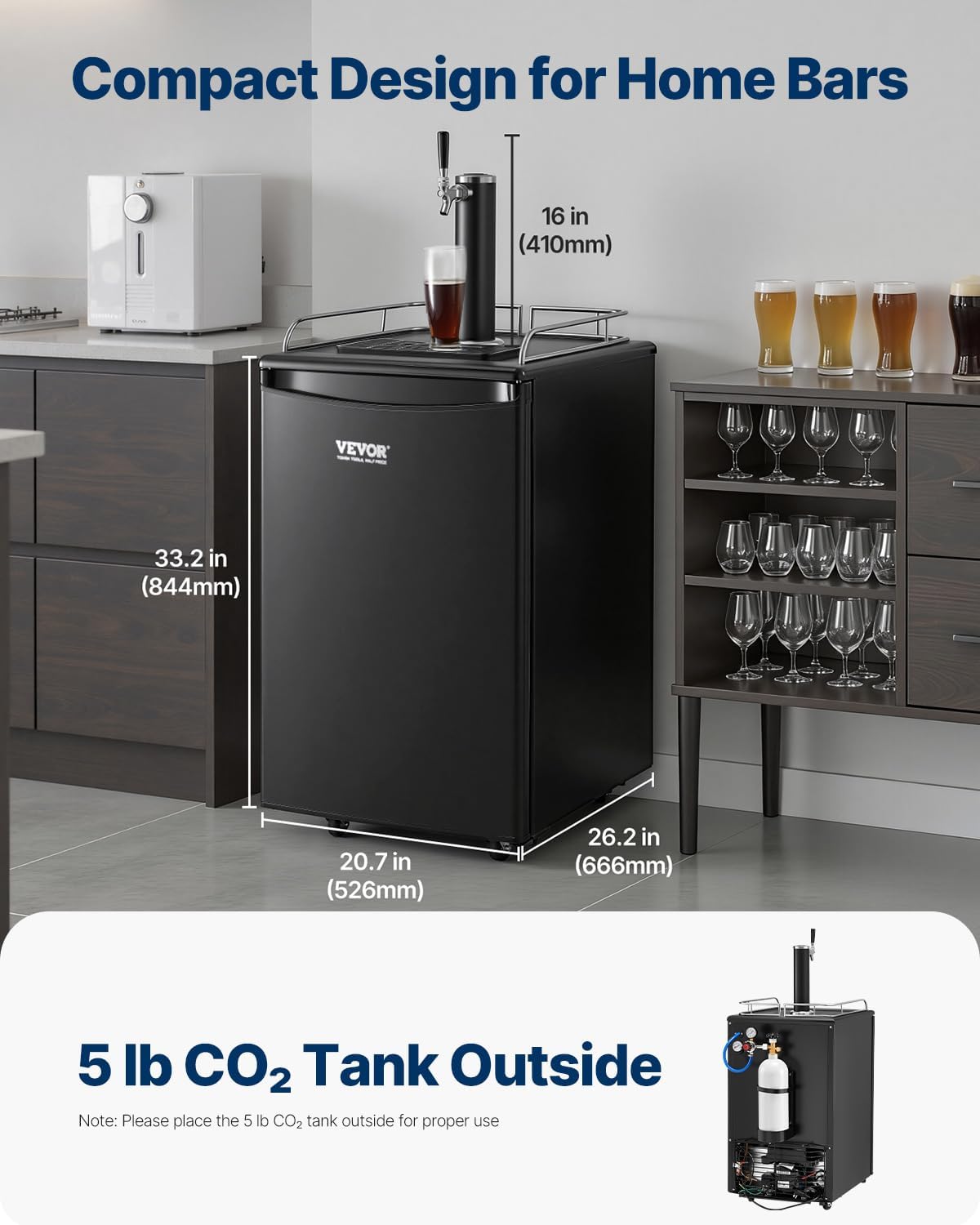 VEVOR Beer Kegerator, Single Tap Commercial Draft Beer Dispenser for D system, Full Size Keg Refrigerator with 5lbs CO2 Tank, Hold 2 Sixth / 2 Ball lock keg, Black