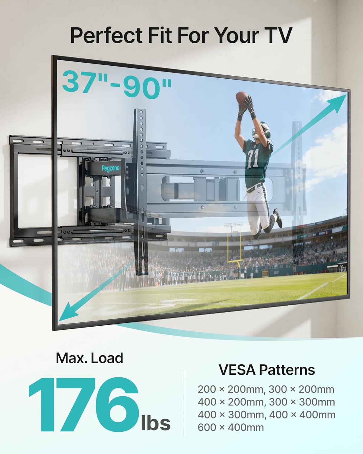 Pegzone Full Motion TV Wall Mount for 37-90 Inch TVs up to 176lbs, 25.4