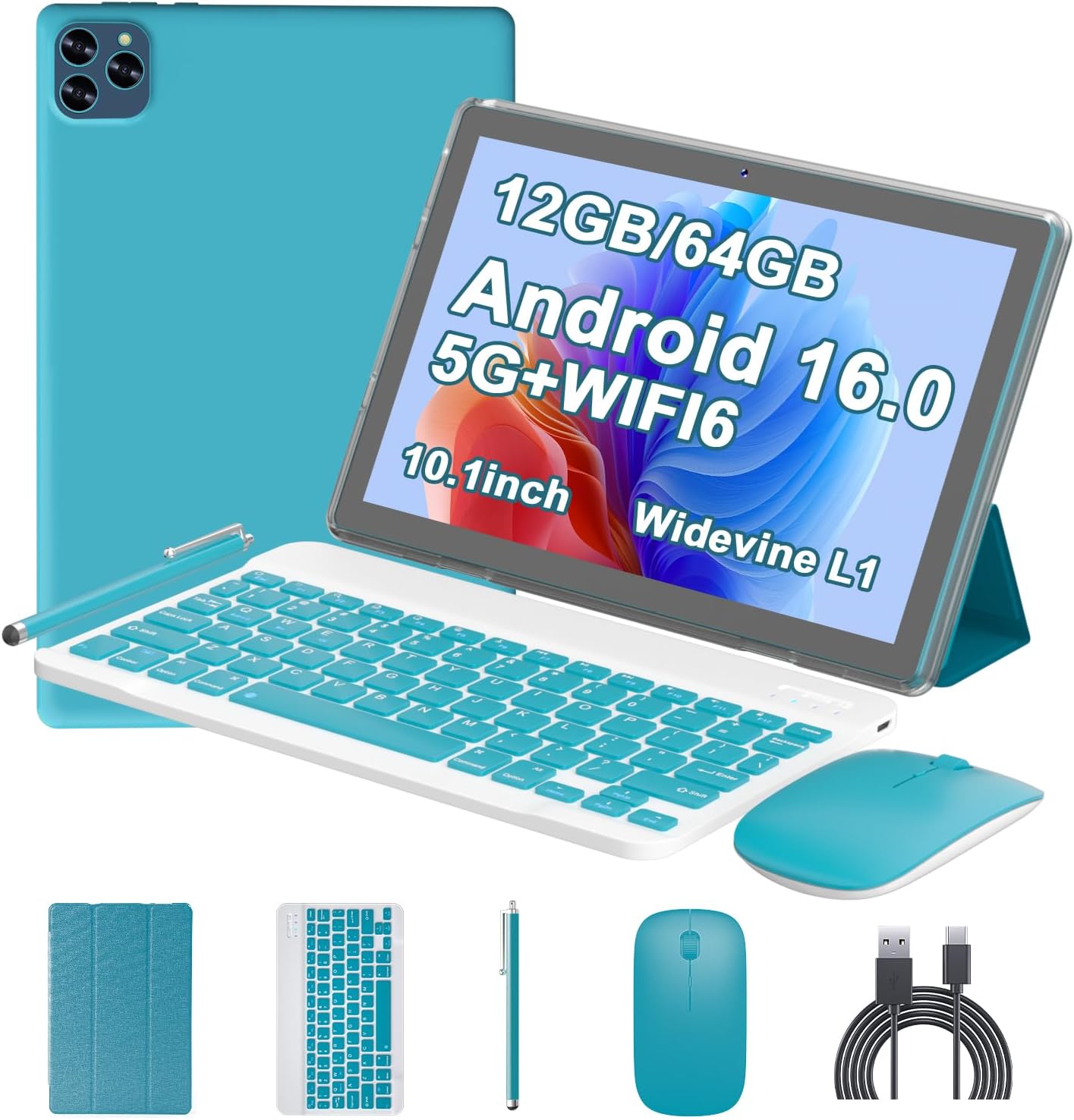 Android 16 Tablet 10 Inch, 12(3+9)GB RAM+64GB ROM, 2 in 1 Tablets with Keyboard Case Mouse Stylus, 2.0GHz Five-core Processor, 1280 * 800 IPS HD Screen, 5G WiFi6 BT 5.3 Tableta PC (Dark blue)