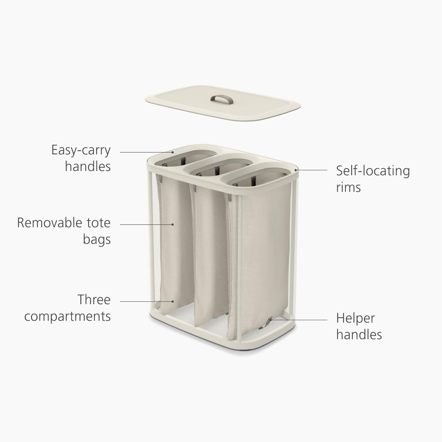 Joseph Joseph Tota Trio 90 liter/23.8 gallon Laundry Hamper Separation Basket with lid, 3 Removable Washing Bags with Handles- Ecru