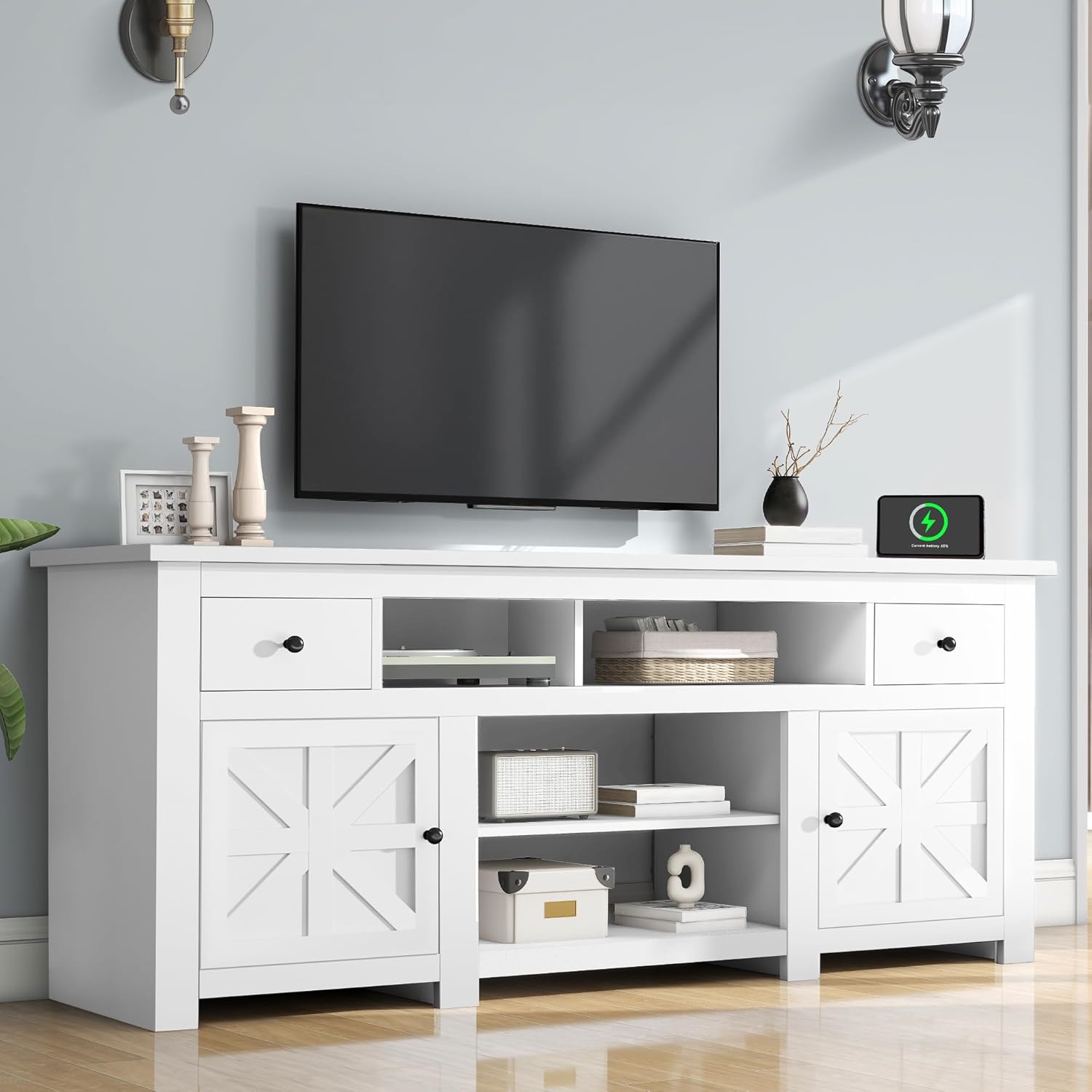 DWVO Farmhouse TV Stand for 75/80 Inches TVs, Entertainment Centers Furniture 30