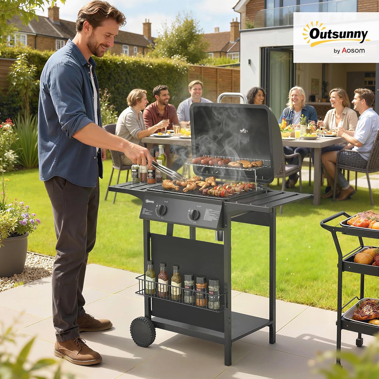 Outsunny 2 Burner Propane Gas Grill, 18000 BTU BBQ Grill with Wheels, Warming Rack, Side Tables, Shelf, Thermometer, Grease Cup, Outdoor Barbeque for Outdoor Backyard Patio, Black