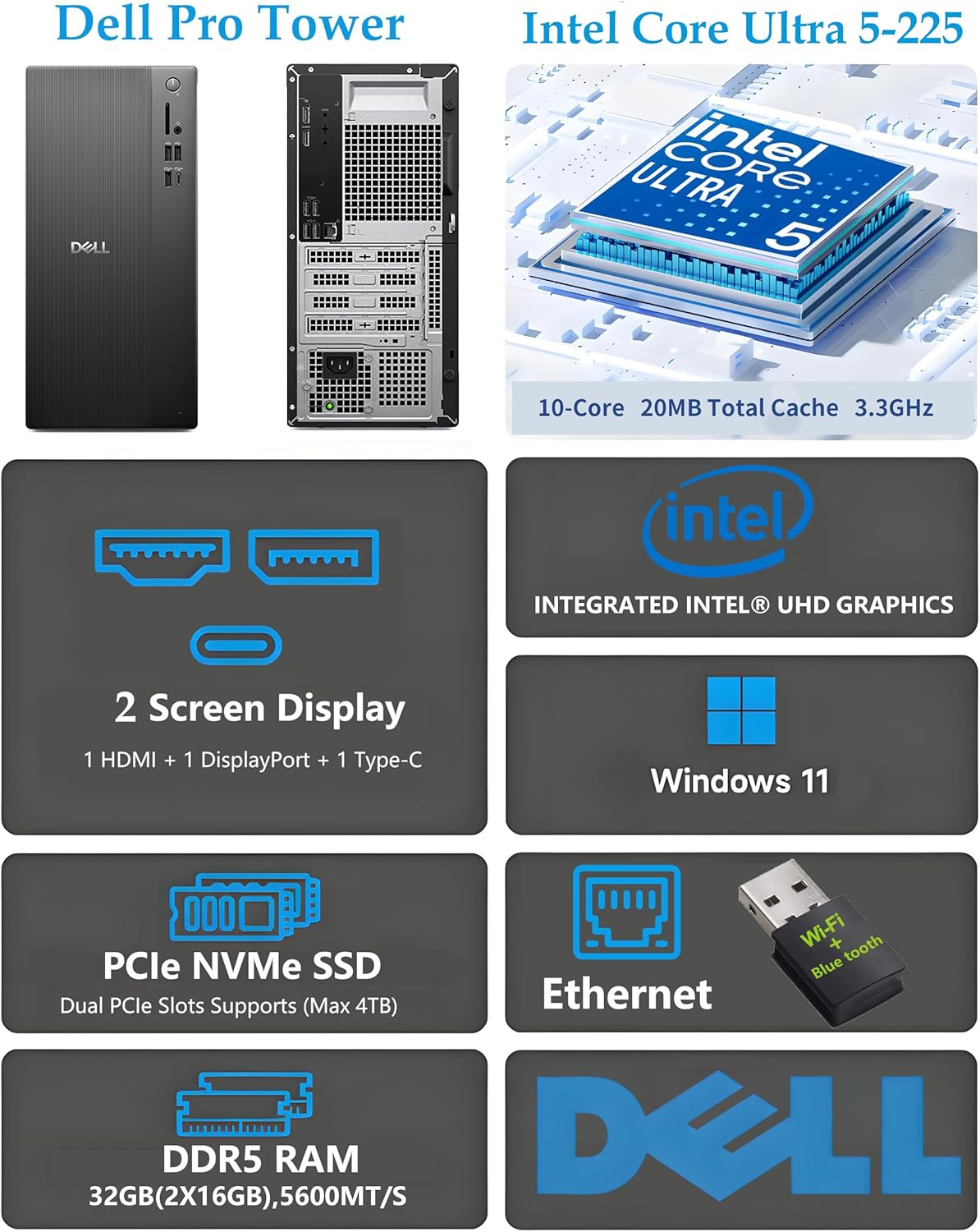 Dell Tower Desktop Computer, Intel Core Ultra 5, 16GB DDR5 RAM, 512GB PCIe SSD, Windows 11 Pro Business Workstation, Intel AI Boost NPU, HDMI, DisplayPort,Keyboard Mouse, Wi-Fi 6+Bluetooth