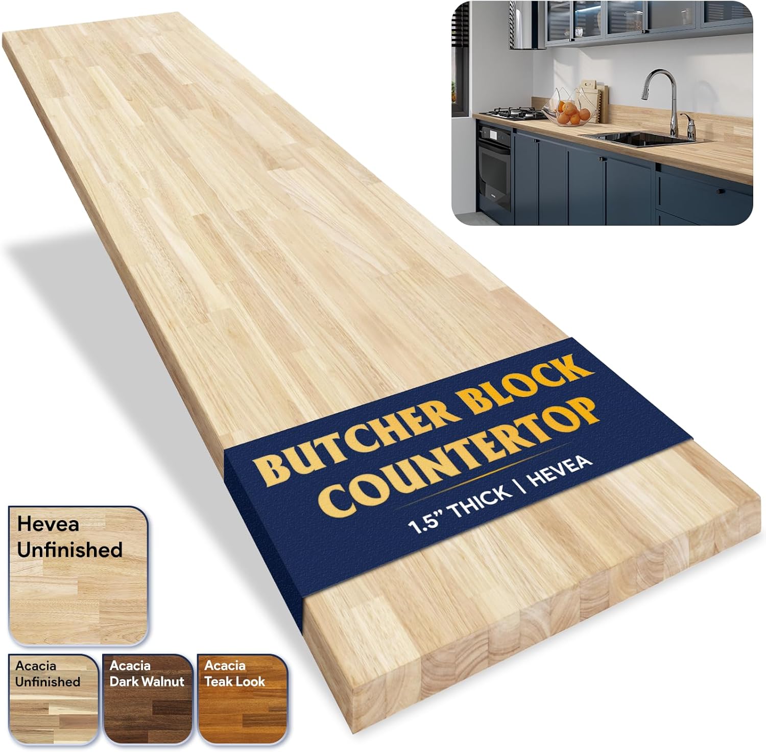 Howizz Butcher Block Countertop 36 x 25 x 1.5, Hevea Unfinished Solid Wood Table Top, Wood Countertop for DIY for Desktop, Workbench Top, Kitchen Countertop