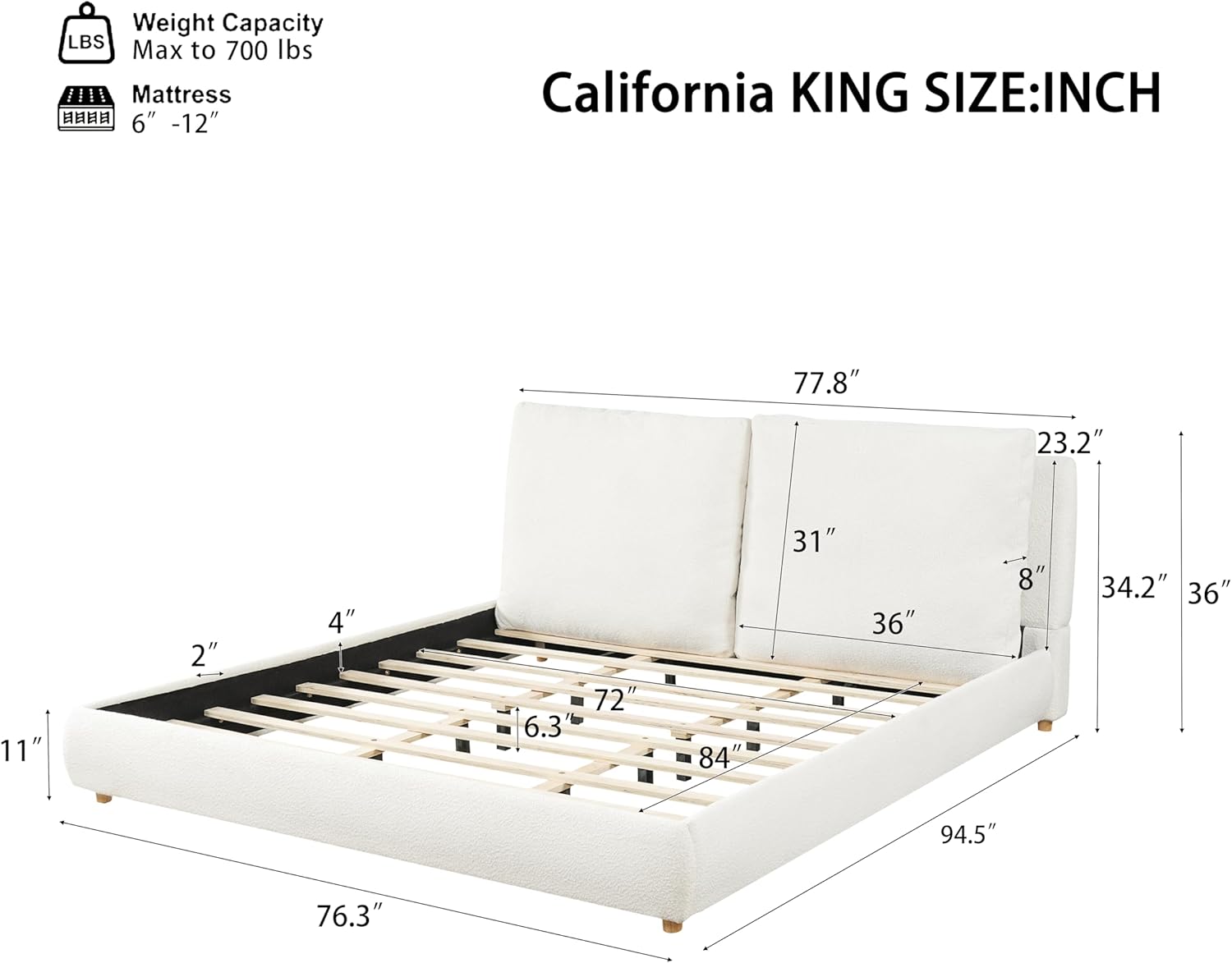 Merax California King Size Boucle Fabric Upholstered Platform Bed with Two Removable Pillow Headboard, Wood Bed Frame with Solid Round Legs for Kids Teens Adults, White