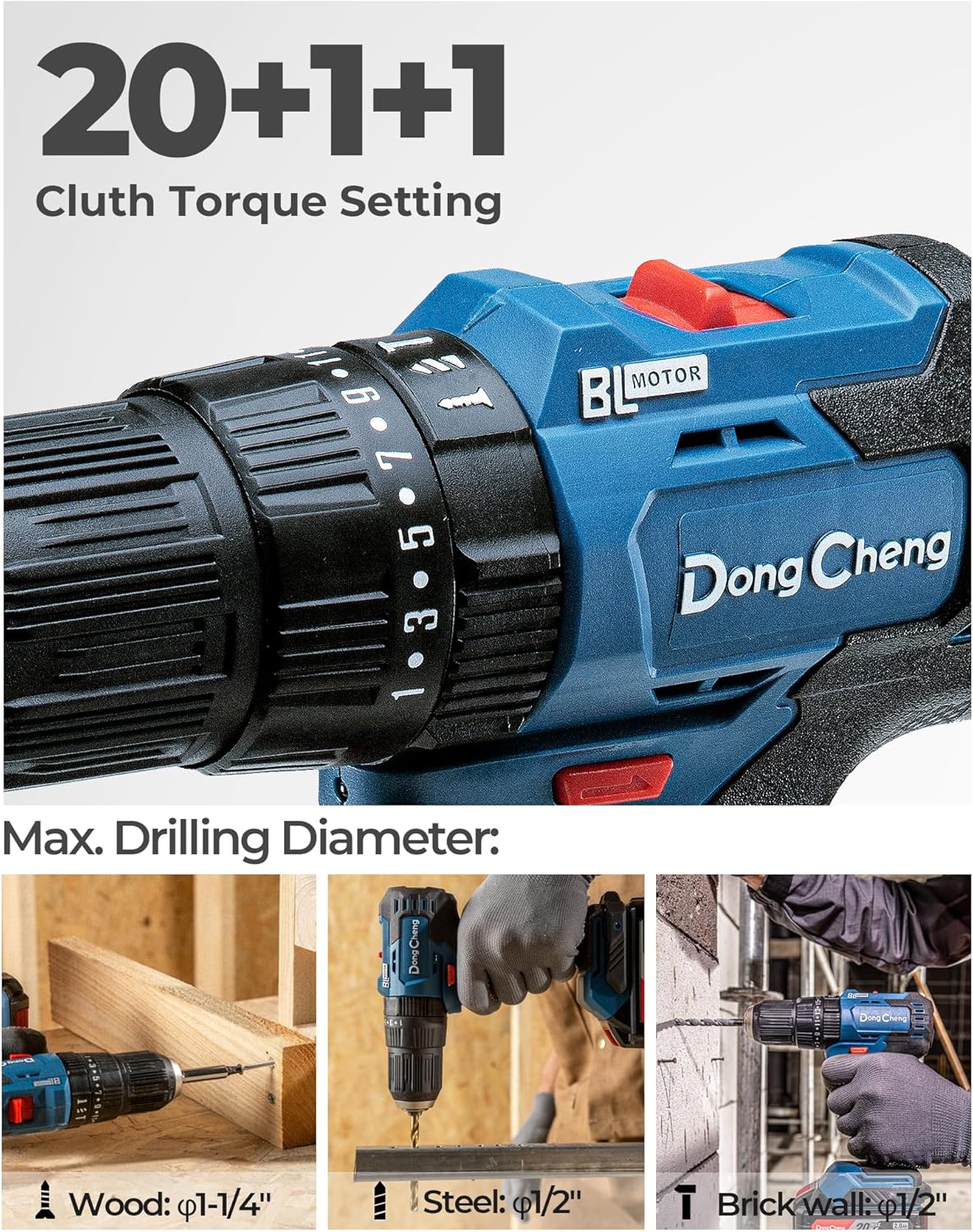 Dong Cheng 20V Brushless Heavy-duty Impact Drill, 443 in-lbs, 27000 IPM, 1/2