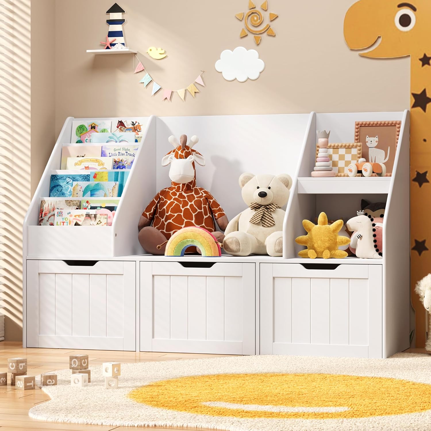 Gizoon Kids Toy Storage Organizer with Reading Nook, Kids Bookshelf with 3 Movable Drawers, Kids Reading Nook with Bench for Kidsroom Playroom and Bedroom, White, Painted
