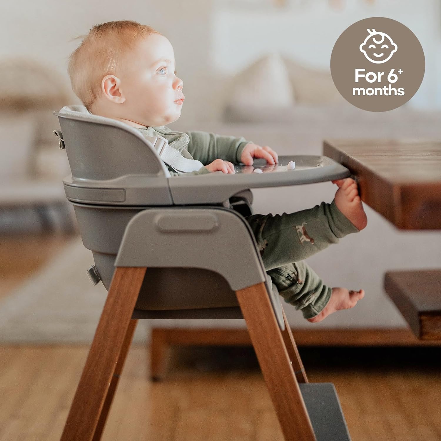 Fodoss Baby High Chair, 4-in-1 Foldable Design, Sturdy Wood Grain, Removable Dishwasher Safe Tray, 5-Point Harness, Easy Clean, Light Gray