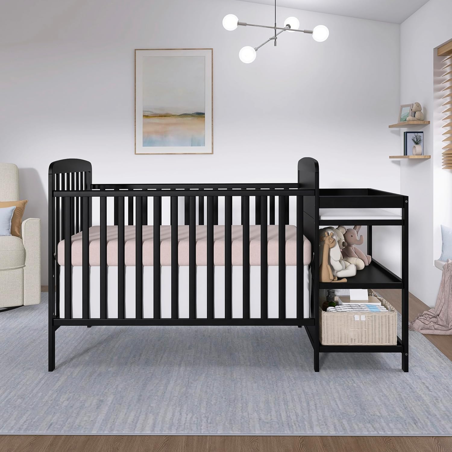 Dream On Me Anna 3-in-1 Convertible Full-Size Baby Crib & Changer with Storage in Black, GreenGuard Gold & BSA, Pinewood, Converts to Day & Toddler Bed, 3 Mattress Heights, 1″ Changing Pad