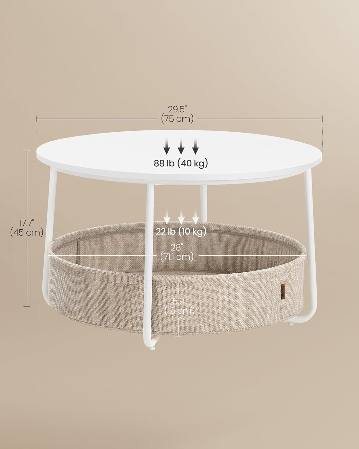 VASAGLE LILEA Collection - Coffee Table with Storage, Round Center Table for Living Room with Fabric Basket, Modern Style, Metal Frame, Matte White and Camel Brown ULCT244W10