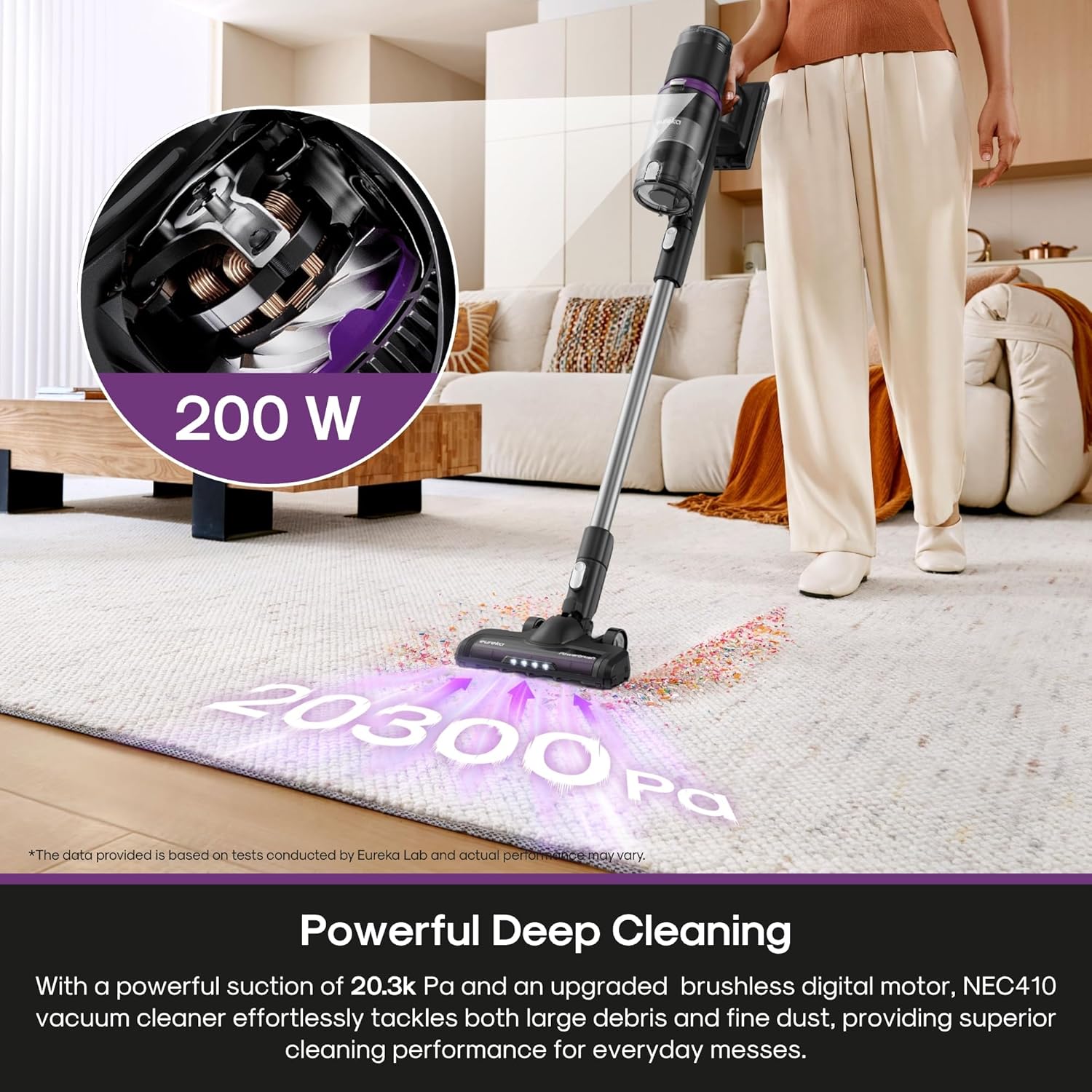 EurekaCordless Vacuum - 50 Min Runtime for Large Homes, 5.5 lbs Lightweight, Ideal for Pet Hair & Allergies on Hardwood & Carpet ReactiClean 410