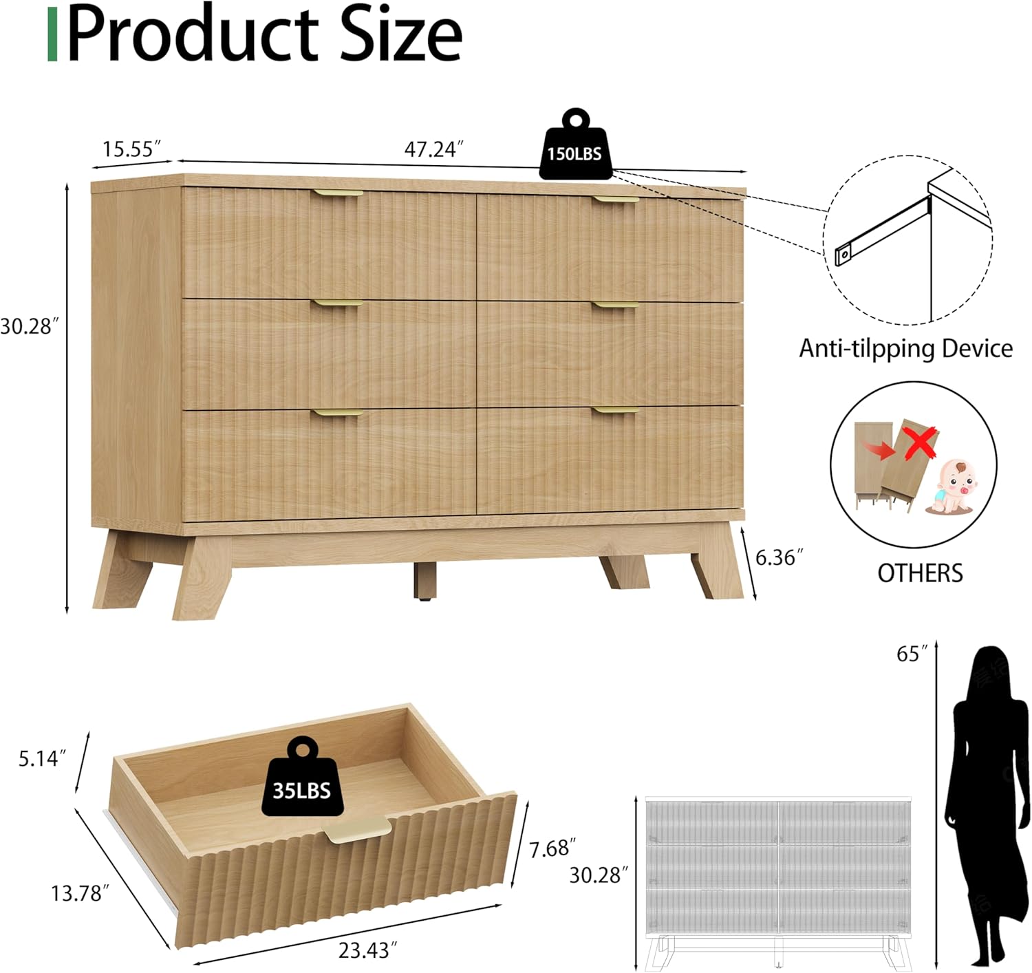 Fluted Dresser for Bedroom with 6 Drawers, 48