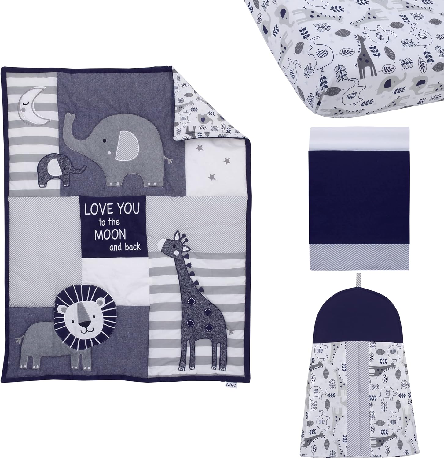 NoJo Love You to The Moon - Navy, Grey and Blue 4 Piece Nursery Crib Bedding Set with Comforter, Fitted Crib Sheet, Dust Ruffle, Diaper Stacker