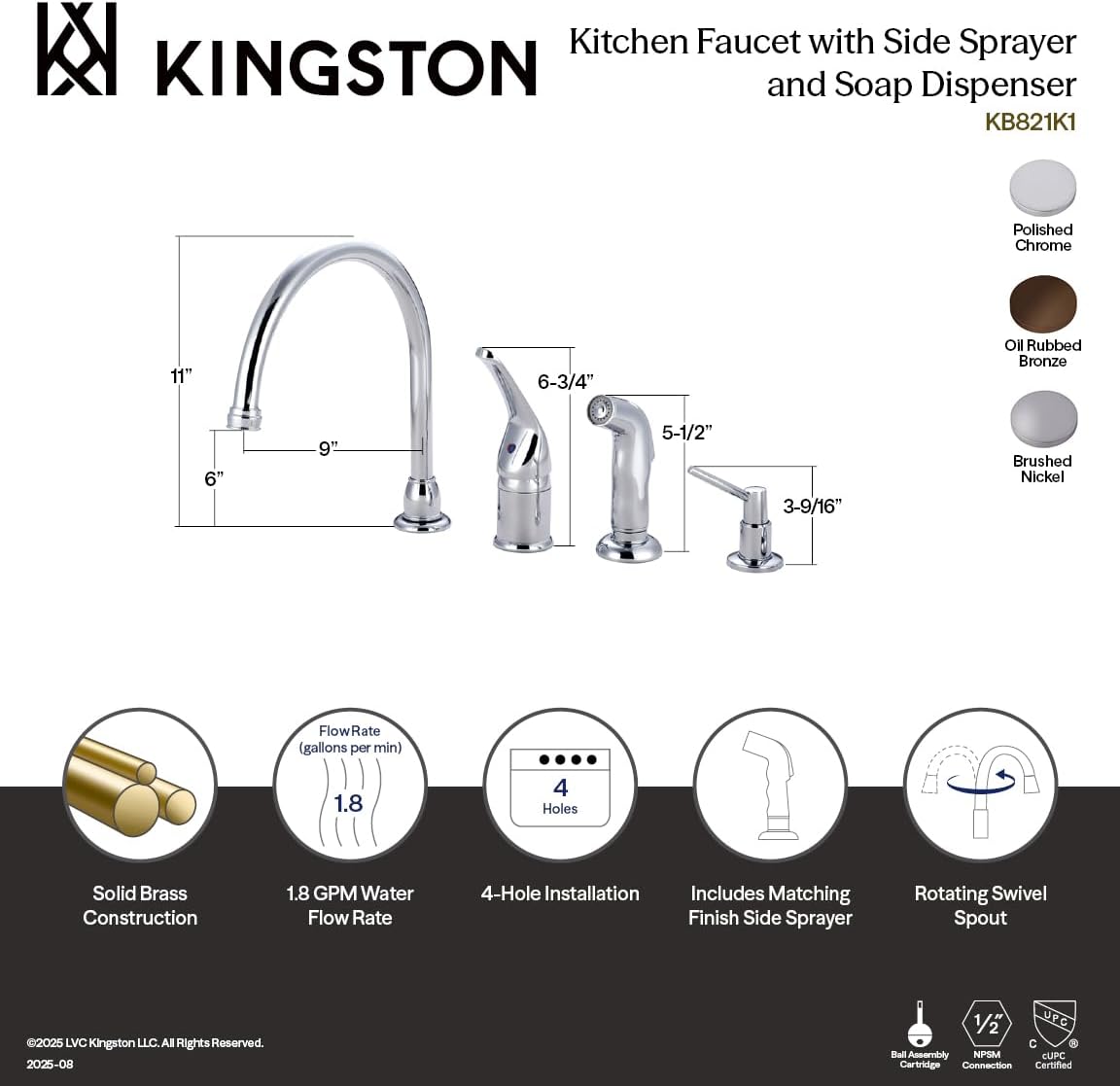 Kingston Brass KB828K8 Chatham single Lever Handle Kitchen Faucet with Sprayer & Soap Dispenser, Brushed Nickel, 9