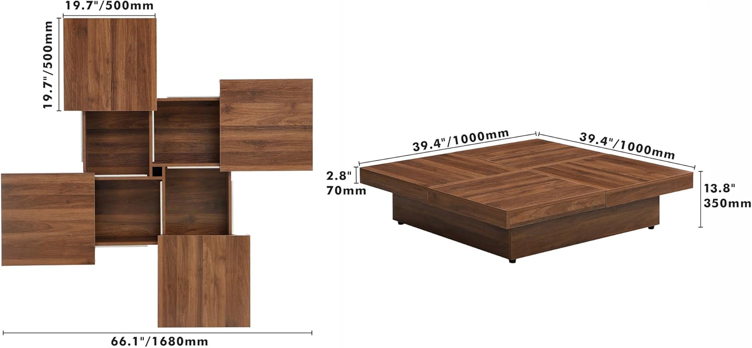 Merax 39.4'' Square Coffee Table, Sliding Top with Ample Storage, Walnut Grain Veneer Finish Modern Center Tables for Living Room Apartment, Walnut