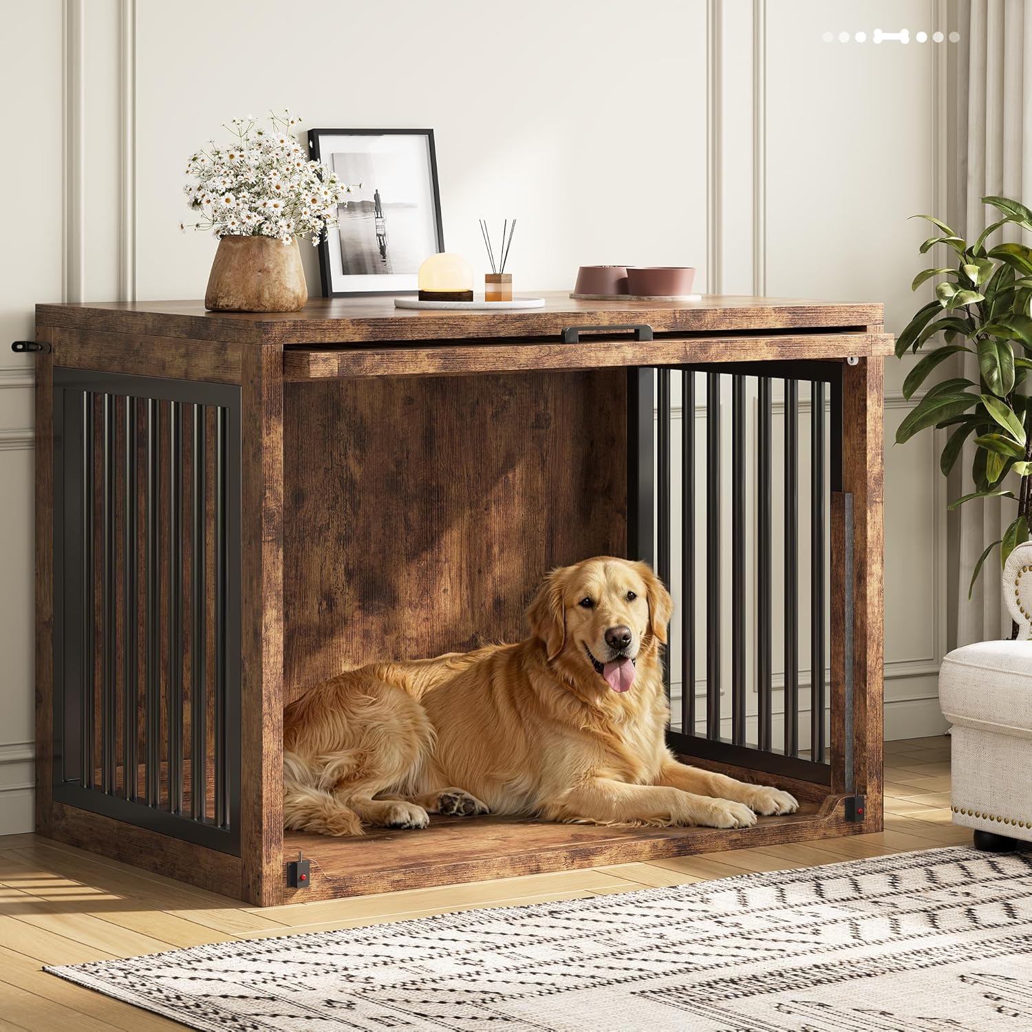 Jocoevol Dog Crate Furniture - 42'' Wooden Dog Kennel for Large Dogs up to 80 lb, Large Dog Crate with Hidden Sliding Door, Heavy Duty Dog Cage with Safety Latch and Quiet Pads, Rustic Brown