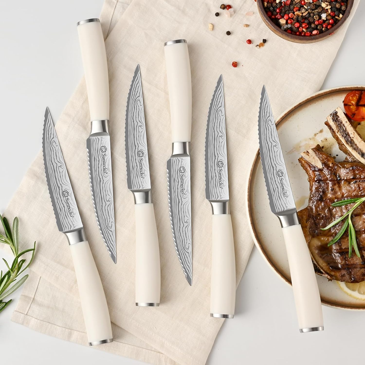 Sunnecko Knife Set with Block and Sharpener, 15 Piece Kitchen Knife Block Set Sharp Kitchen Knives High Carbon Stainless Steel with White Handles