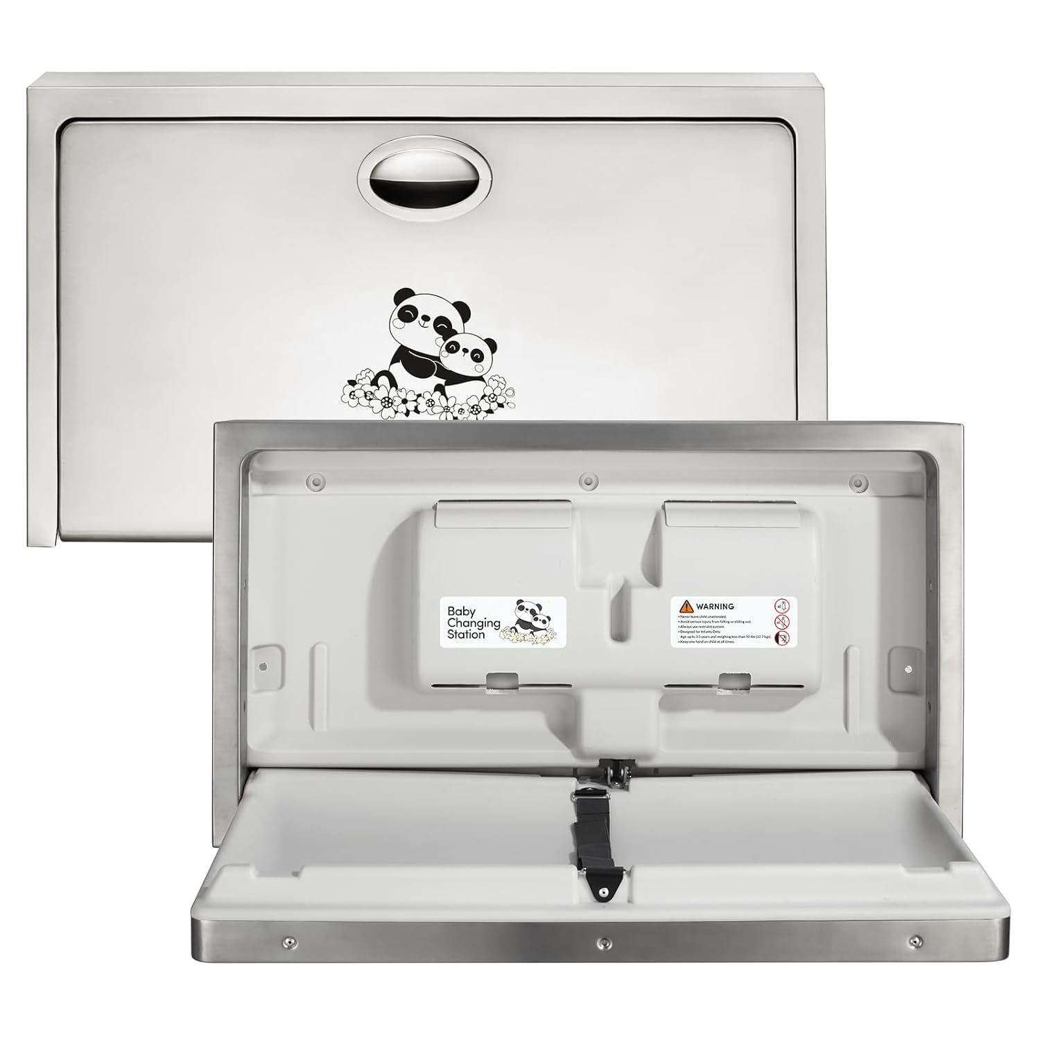 Stardrix Panda Care Stainless Steel Surface Mounted Baby Changing Station, Heavy Duty Foldable Diaper Changing Table with Liner Dispenser and Adjustable Safety Belt for Commercial and Business