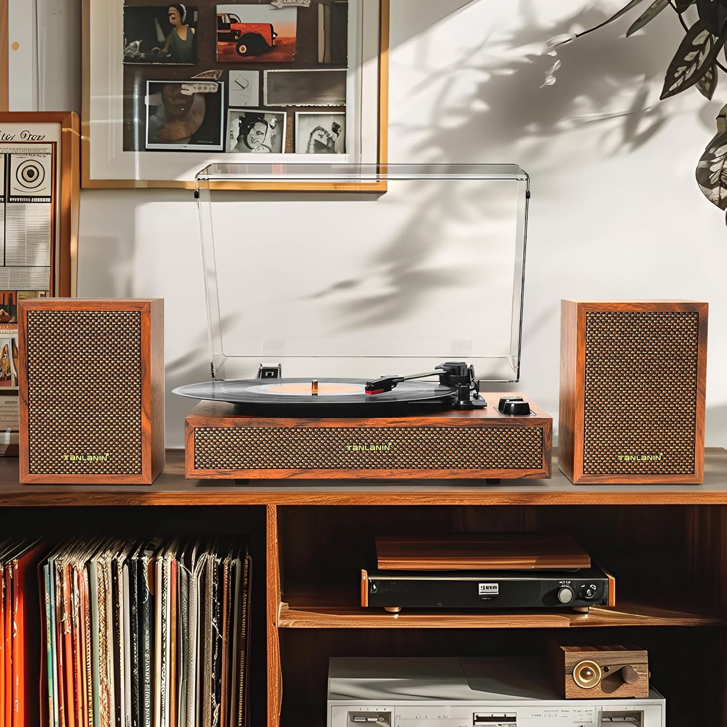 Vinyl Record Player with External Speakers, 3 Speed Vintage Stereo Turntable for Vinyl Records, Bluetooth Input, Auto Stop & Belt Driven System, RCA Out and Aux in - Brown