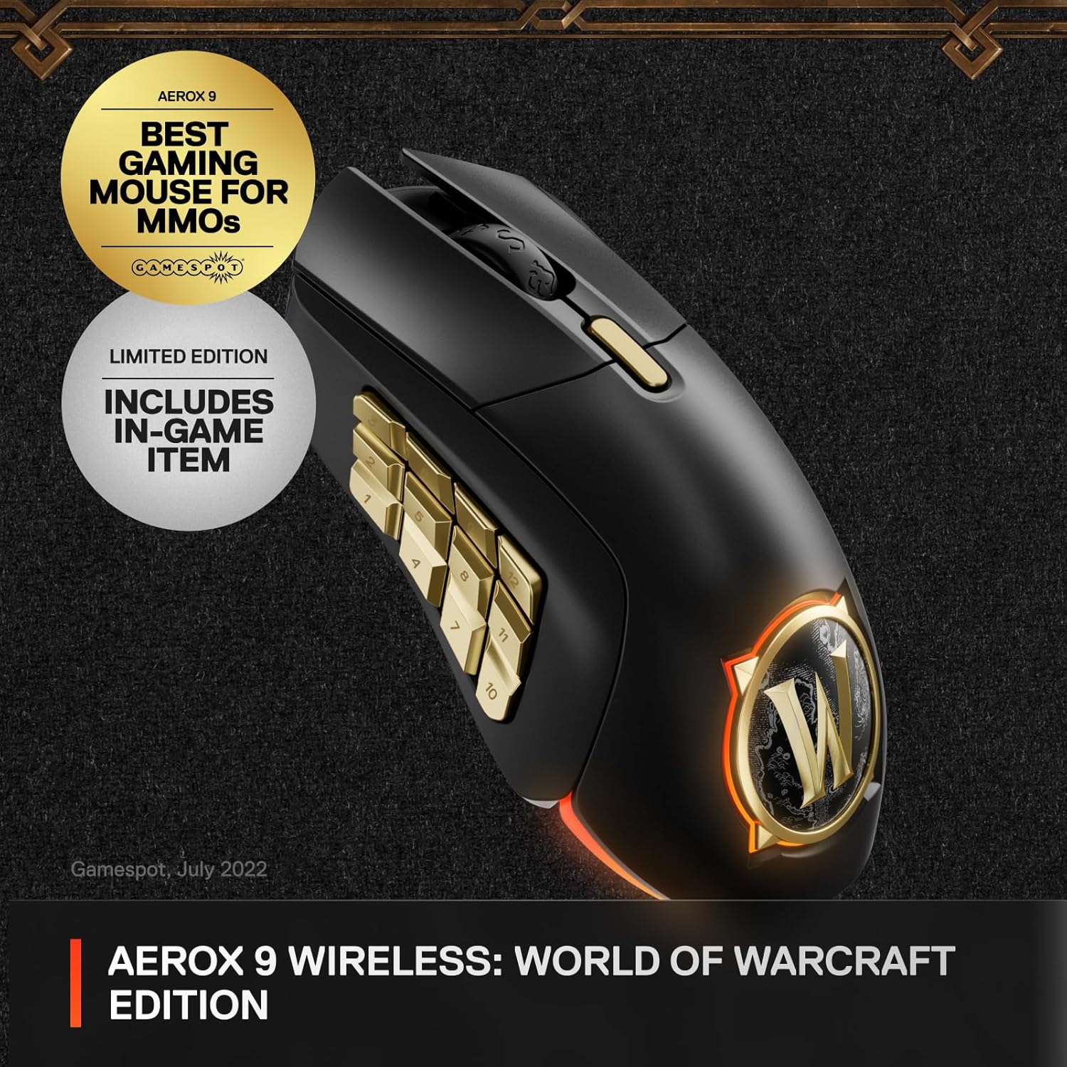 SteelSeries Aerox 9 Wireless: World of Warcraft Edition — Free in-Game Item — MMO Gaming Mouse — 18 Programmable Buttons — Lightweight — Bluetooth/2.4GHz — 18K DPI TrueMove Air Sensor (Renewed)