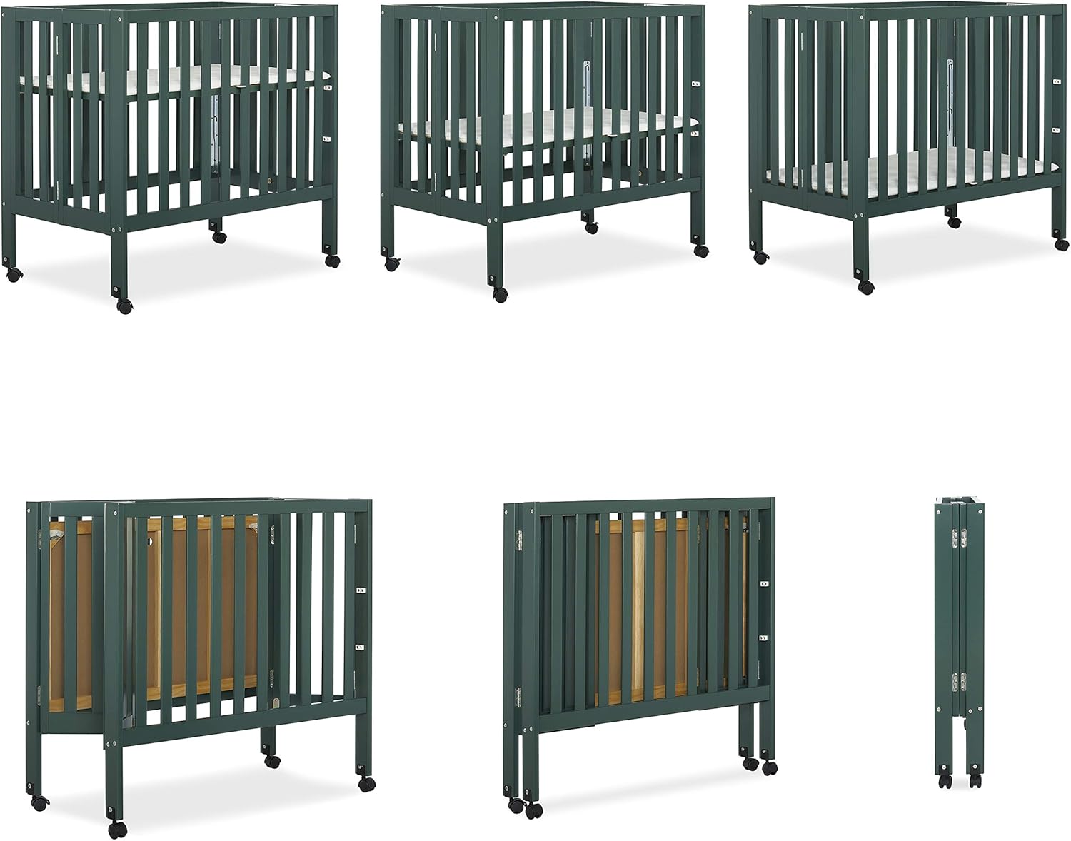 Dream On Me Jett Mini Folding Baby Crib in Olive, GreenGuard Gold & BSA, Lightweight & Portable, Patented Flat Folding System for Small Spaces & Travel, 1.5” Mattress Pad, 3 Heights, Safe Wheels
