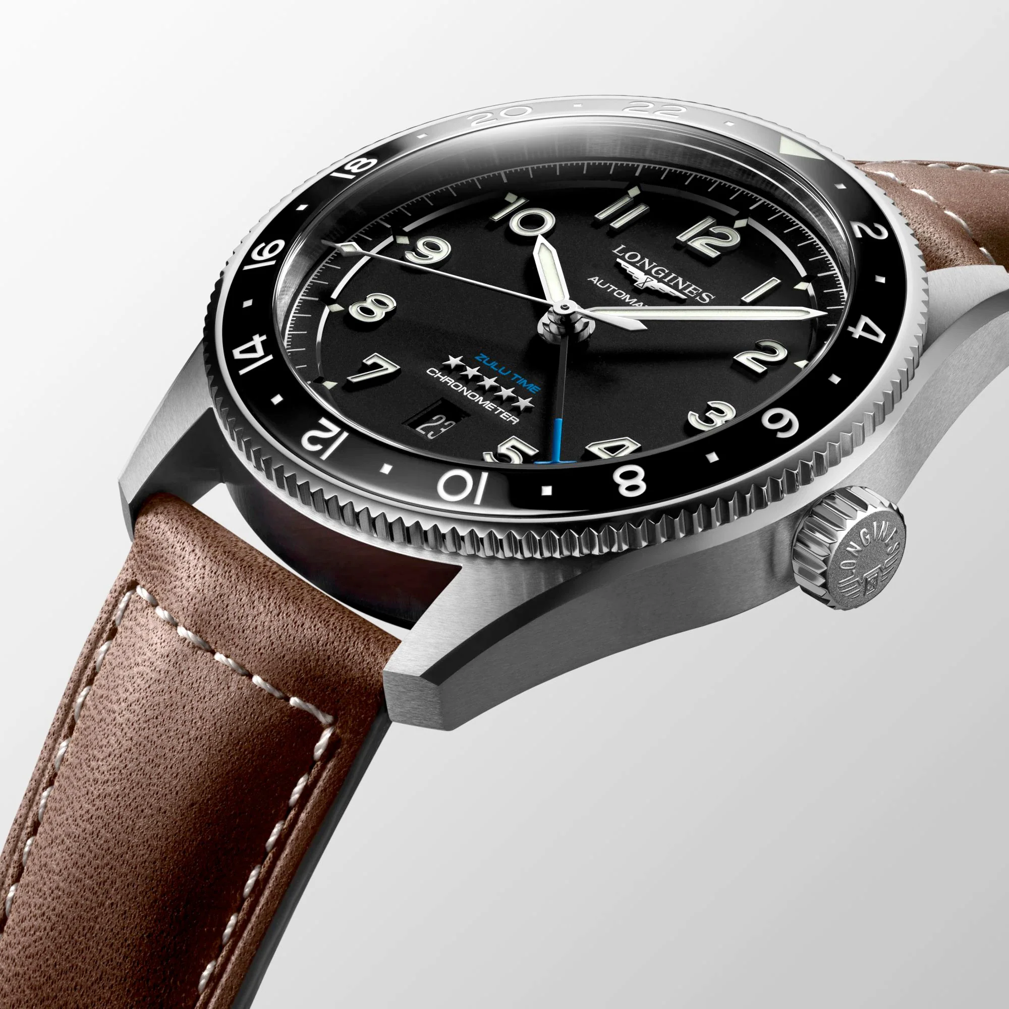 Spirit 42MM Zulu Time GMT Black Leather Steel Watch L38124532