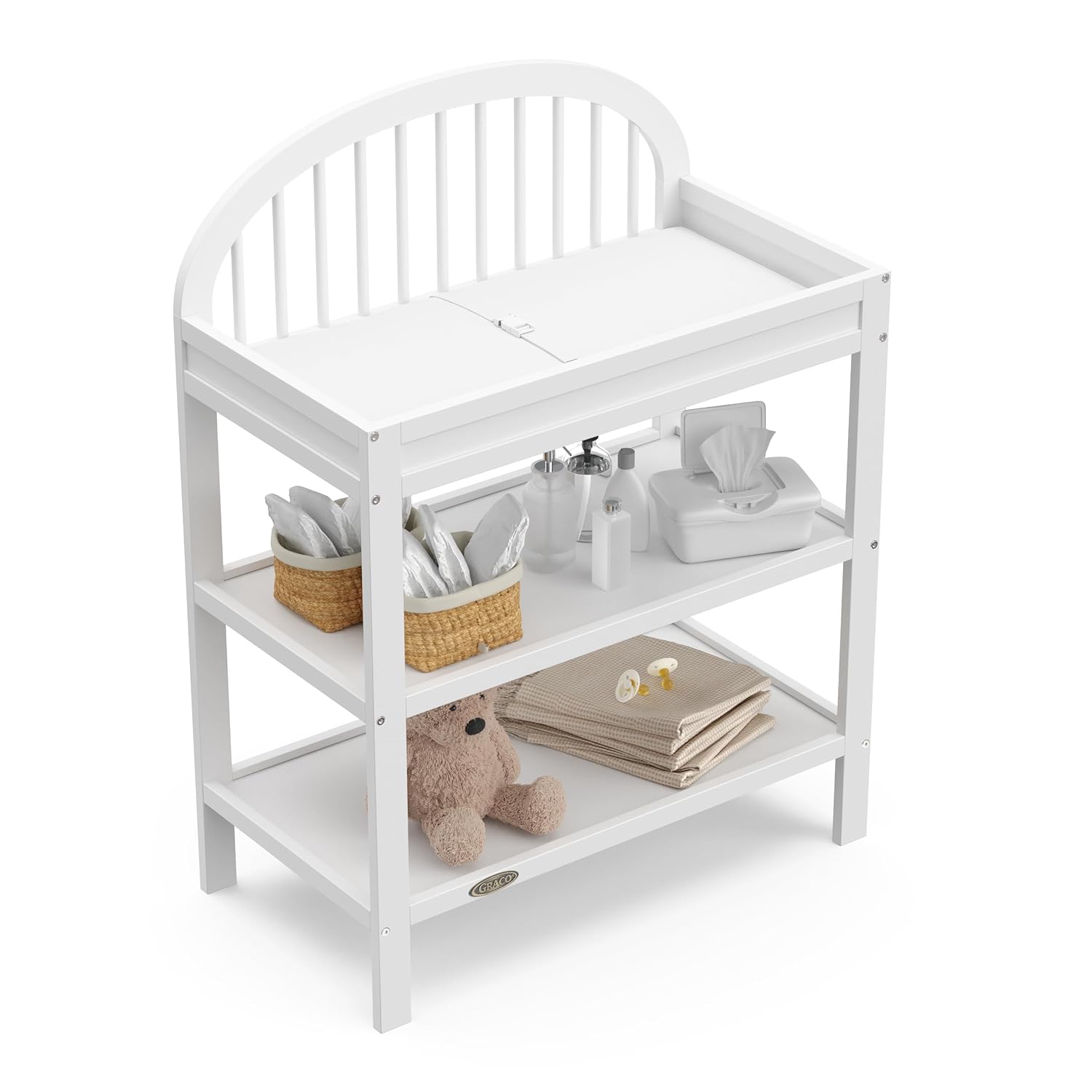 Graco Olivia Changing Table with Water-Resistant Changing Pad (White) - GREENGUARD Gold Certified, Includes Bonus Water-Resistant Changing Pad with Safety Strap, 2 Open Shelves, Stylish Design