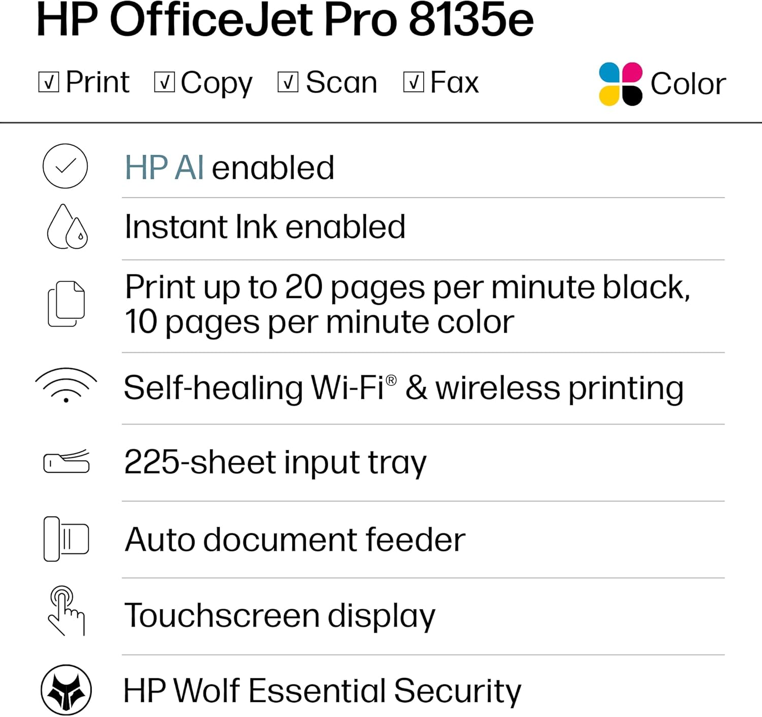 HP OfficeJet Pro 8135e Wireless All-in-One Color Inkjet Printer, Print, scan, Copy, fax, ADF, Duplex Printing Best-for-Home Office, 3 Month Instant Ink Trial Included, AI-Enabled (40Q35A)
