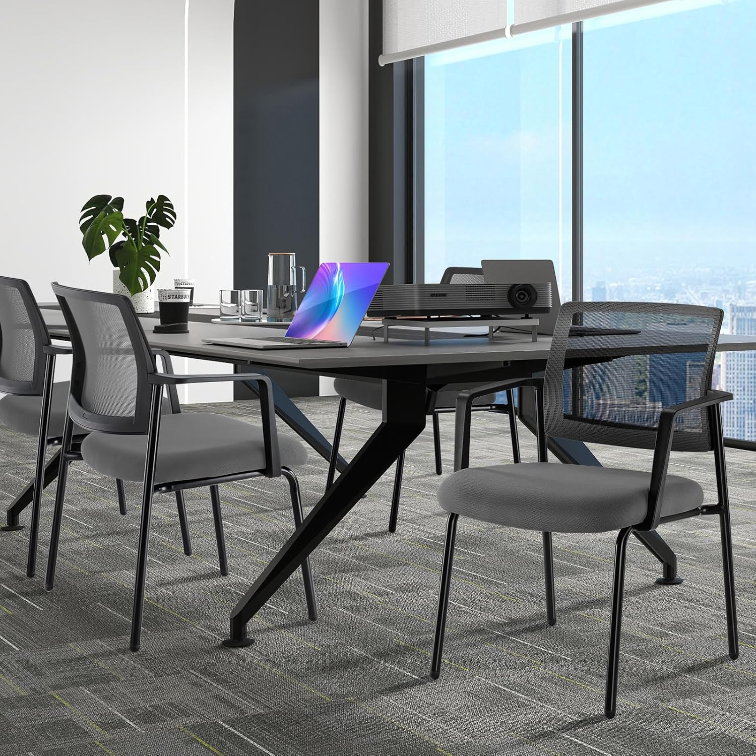 DUMOS Grey Stackable Arm Chairs with Mesh Back and Upholstered Fabric, Sturdy Metal Frame, Easy to Store and Use, Perfect for Indoor and Outdoor Spaces, 4 Chair