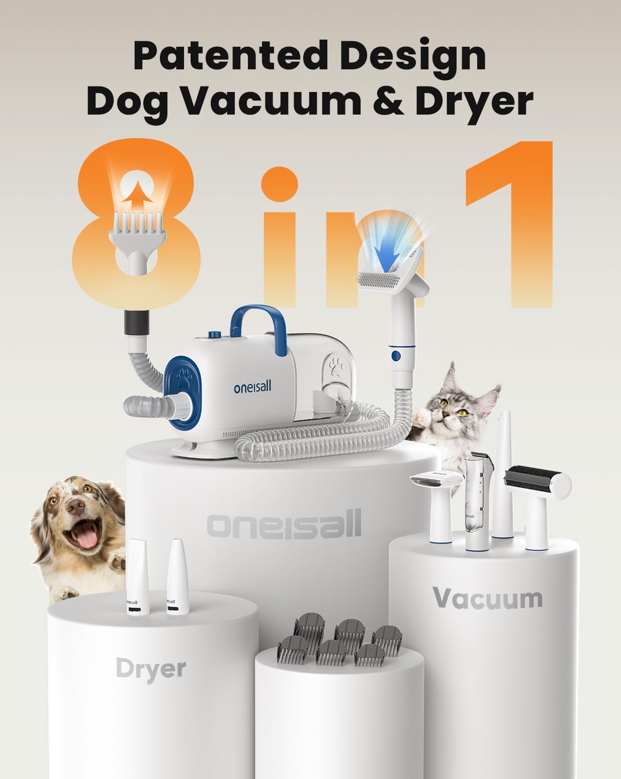 ONEISALL Dog Vacuum & Dryer for Shedding - 8 in 1 Grooming Kit
