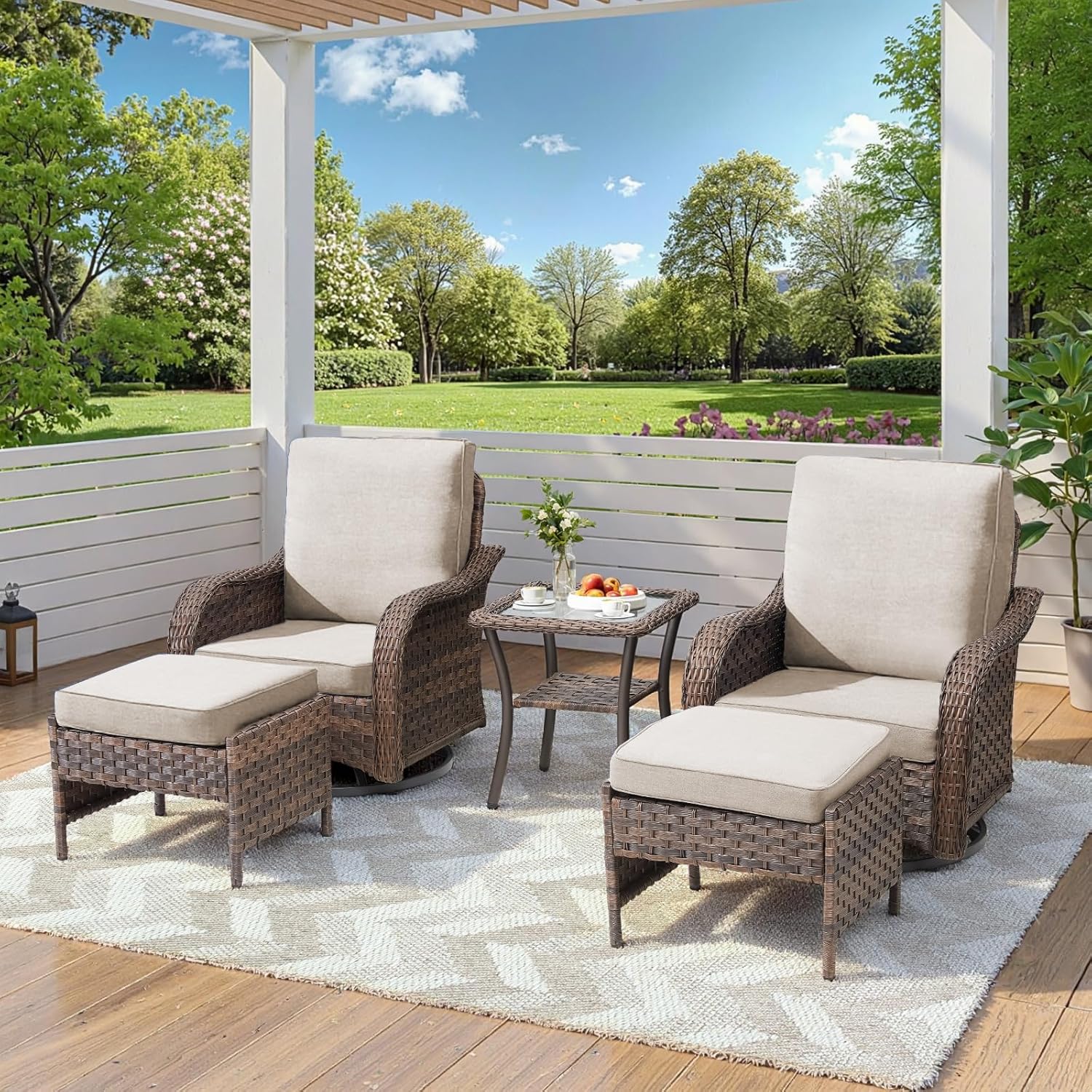 5 Pieces Wicker Outdoor Patio Furniture Set-All-Weather Wicker Patio Swivel Glider Chairs with 2 Ottoman and Glass Side Table, Outdoor Patio Conversation Sets for Porch Balcony Deck Beige/Brown