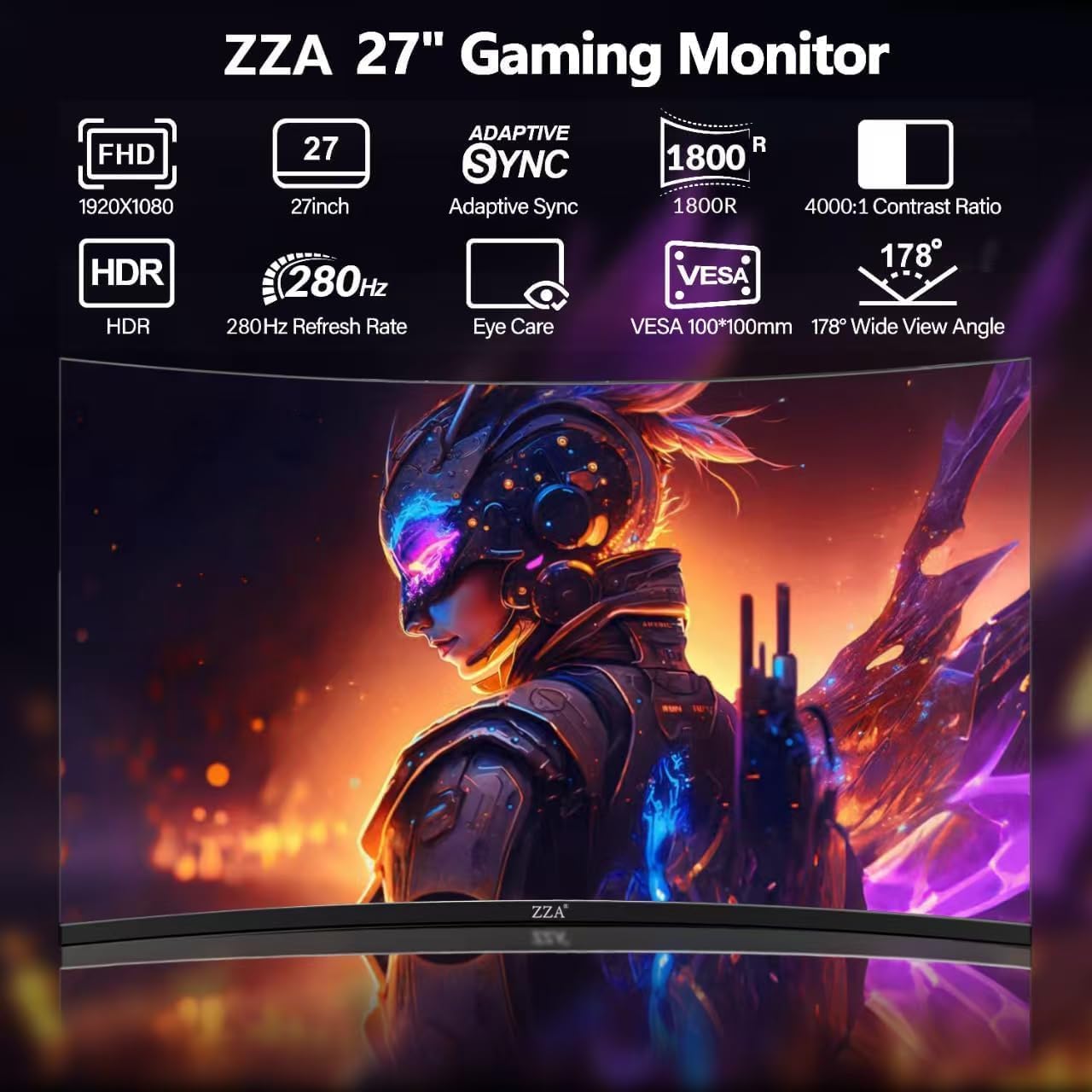 ZZA 27'' 280Hz 240Hz Gaming Monitor, Curved Monitor 1800R VA FHD 1080P 1ms, AMD FreeSync Premium, HDR Ready,120% sRGB, HDMI DP, VESA Mountable, Low Motion Blur, Flicker-Free & Low Blue Light