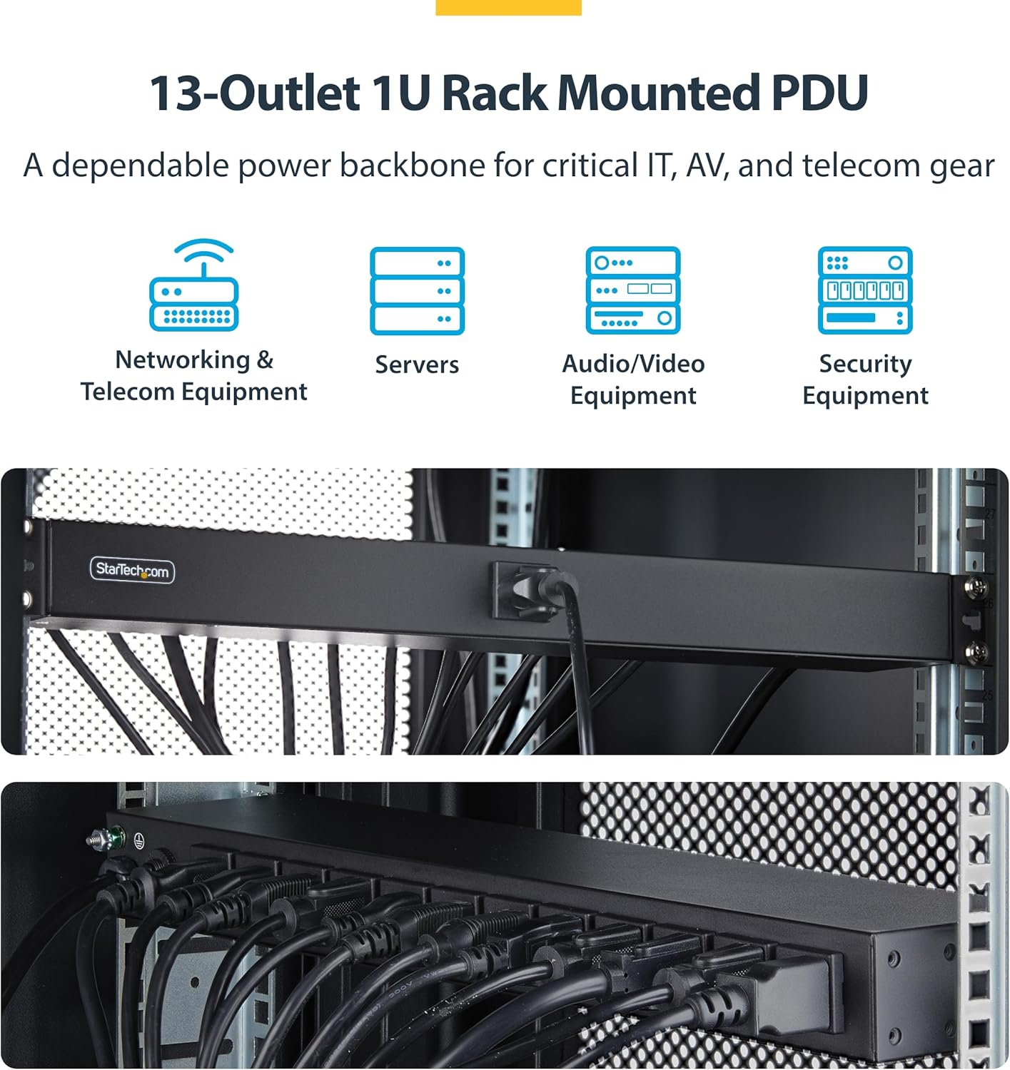 StarTech 13-Outlet Rackmount PDU, 1U Server Power Strip, 1x Front and 12x Rear Ports, Mounted Power Distribution Unit