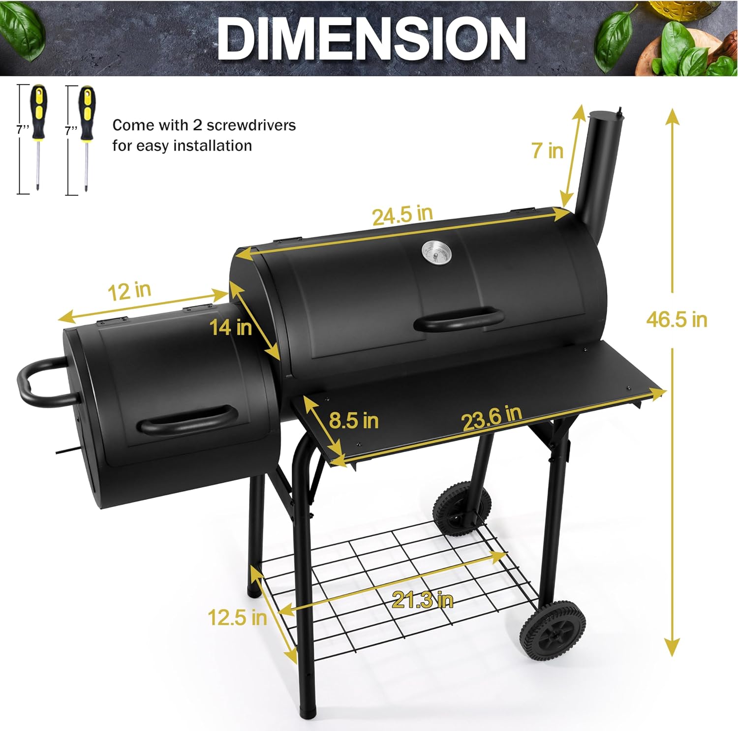 Joyfair Charcoal Grill with Offset Smoker, Camping Barbecue Grill with Side Fire Box for Outdoor BBQ Smoking/Backyard Party Grilling, Thick Iron Steel & Dual Chamber Design, Thermometer & Chimney