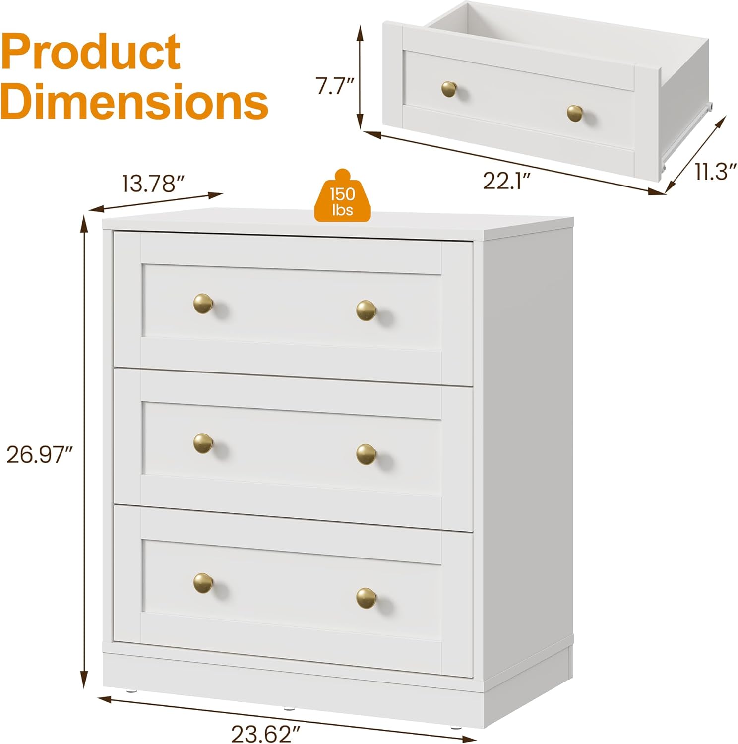RoyalCraft White Nightstand with 3 Drawers Storage, Large Wood Night Stand for Bedroom, Modern Bedside Table, End Table for Hallway, Closet
