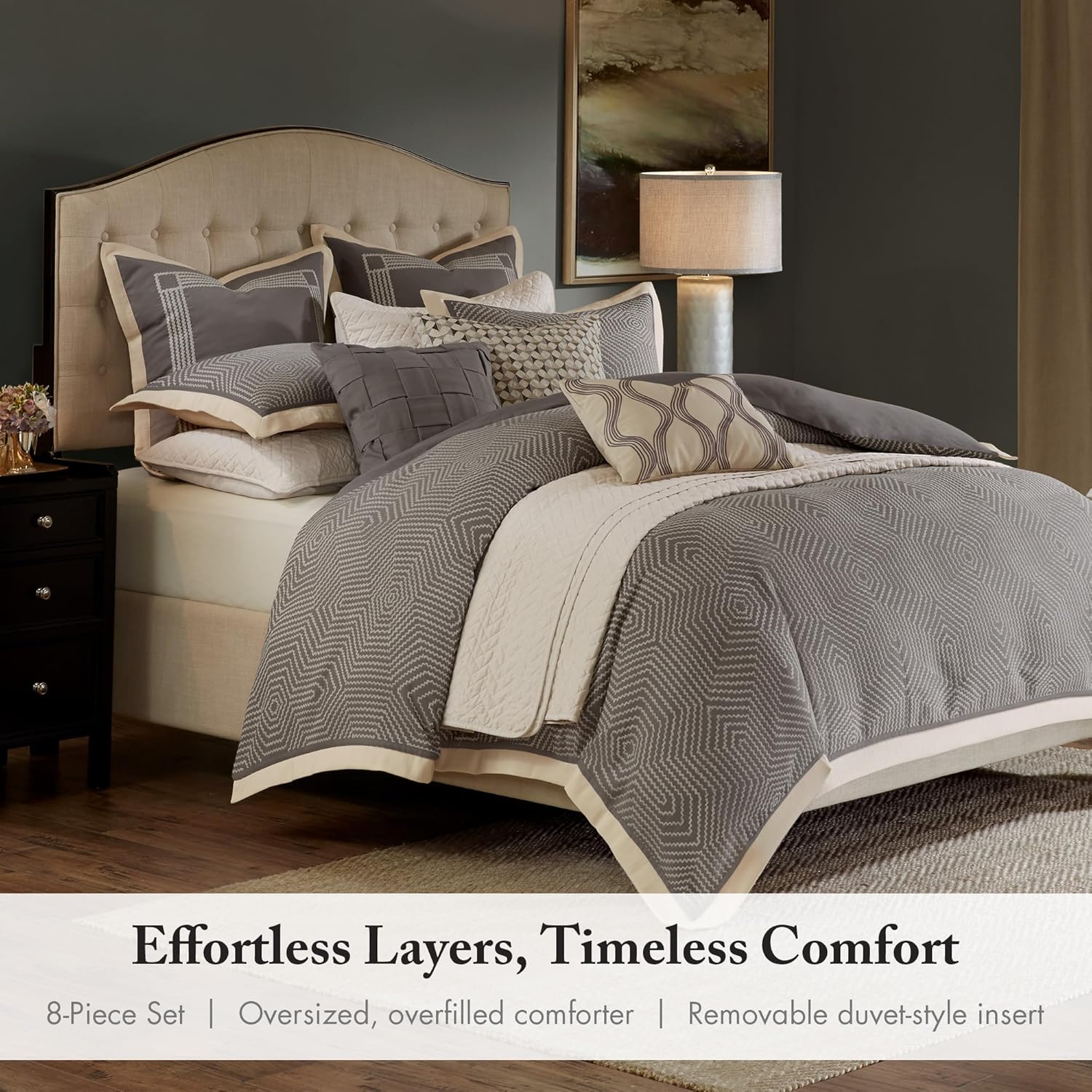 Madison Park Signature Cozy Comforter Set - All Season Bedding Combo Filled Insert and Removable Duvet Cover, Shams, Decorative Pillows, King (110 in x 96 in), Geometric Grey 10 Piece