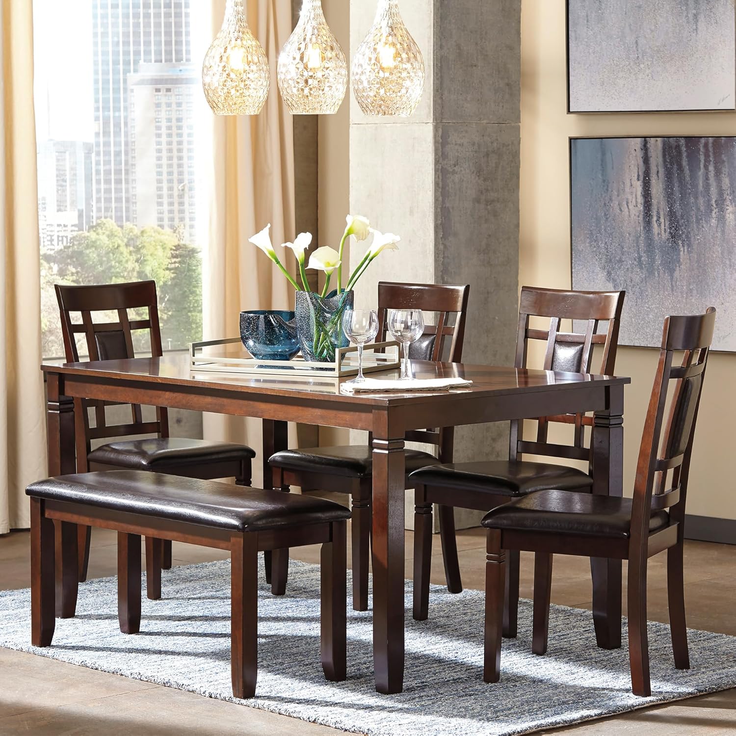 Signature Design by Ashley Bennox 6 Piece Dining Set with Upholstered Bench, Table & 4 Upholstered Chairs, Seats 6, Wood, Brown