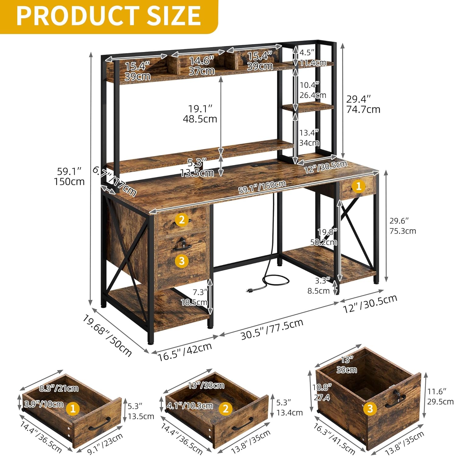 DWVO Computer Desk with Drawers & Hutch, 59.1