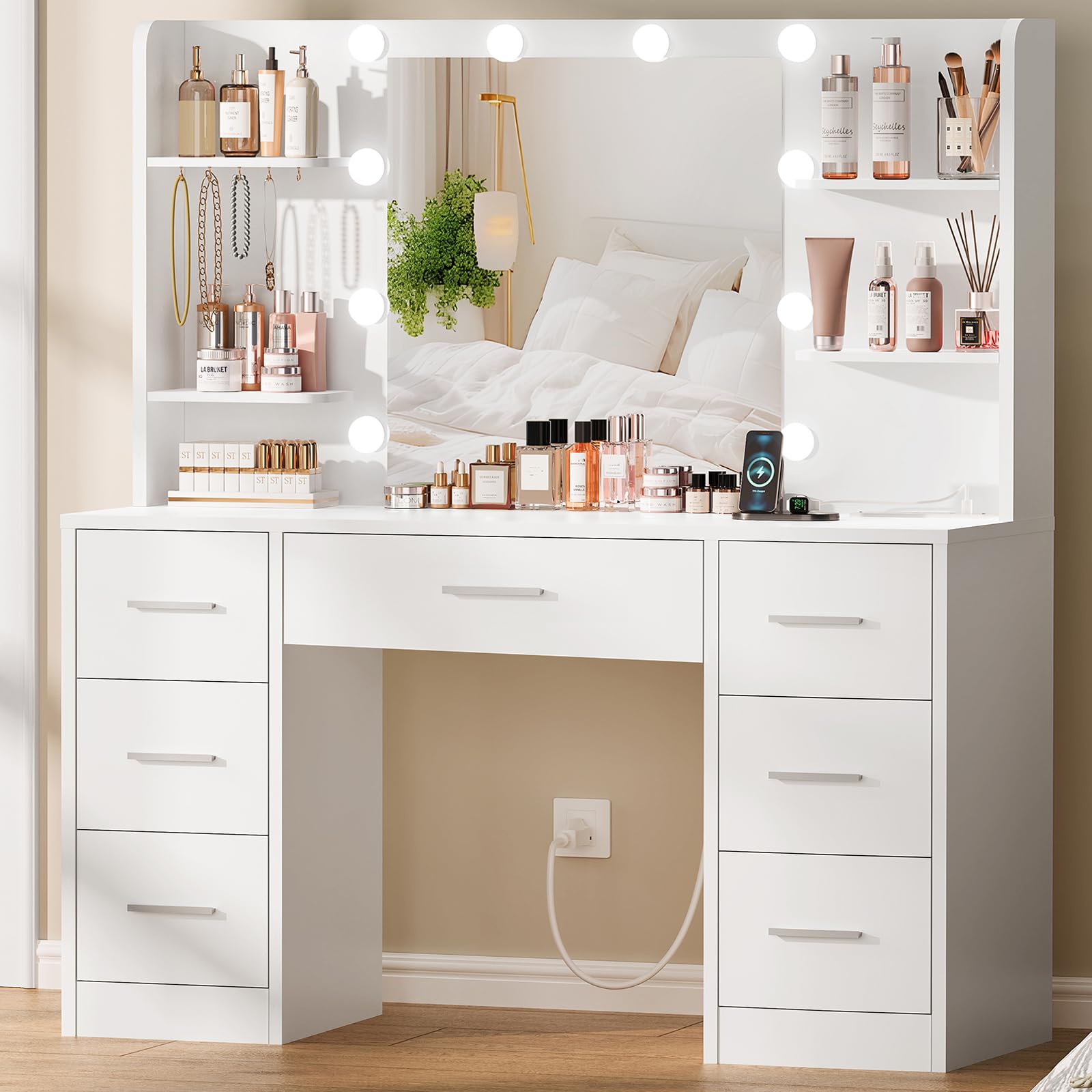 QUIMOO Large Vanity Desk with LED Mirror & Power Outlet