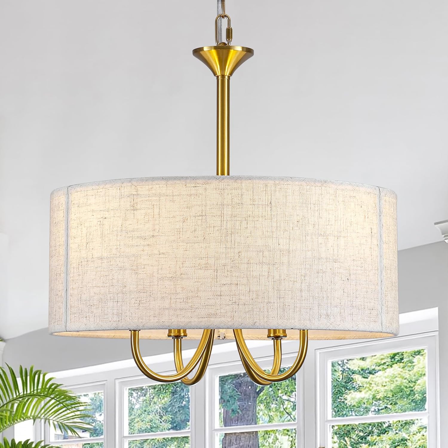 Drum Chandelier for Dining Room, 4-Light Modern Farmhouse Gold Chandelier with Linen Drum Shade, 16