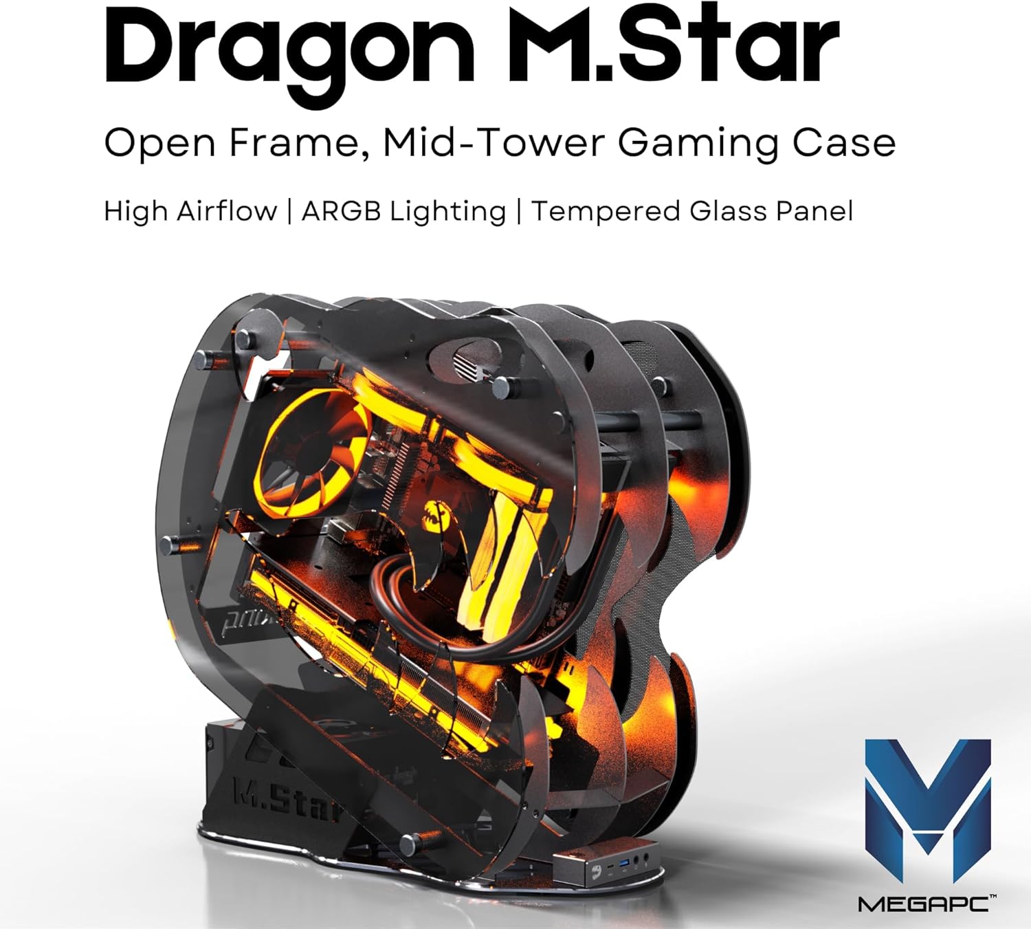 MegaPC Upgraded Open-Frame Mid-Tower Micro-ATX/Mini-ITX Gaming PC Case, Tempered Glass Side Panel, Pre-Installed ARGB PWM Fan, with USB3.0, Type-C, 240mm Radiator Support (Black)