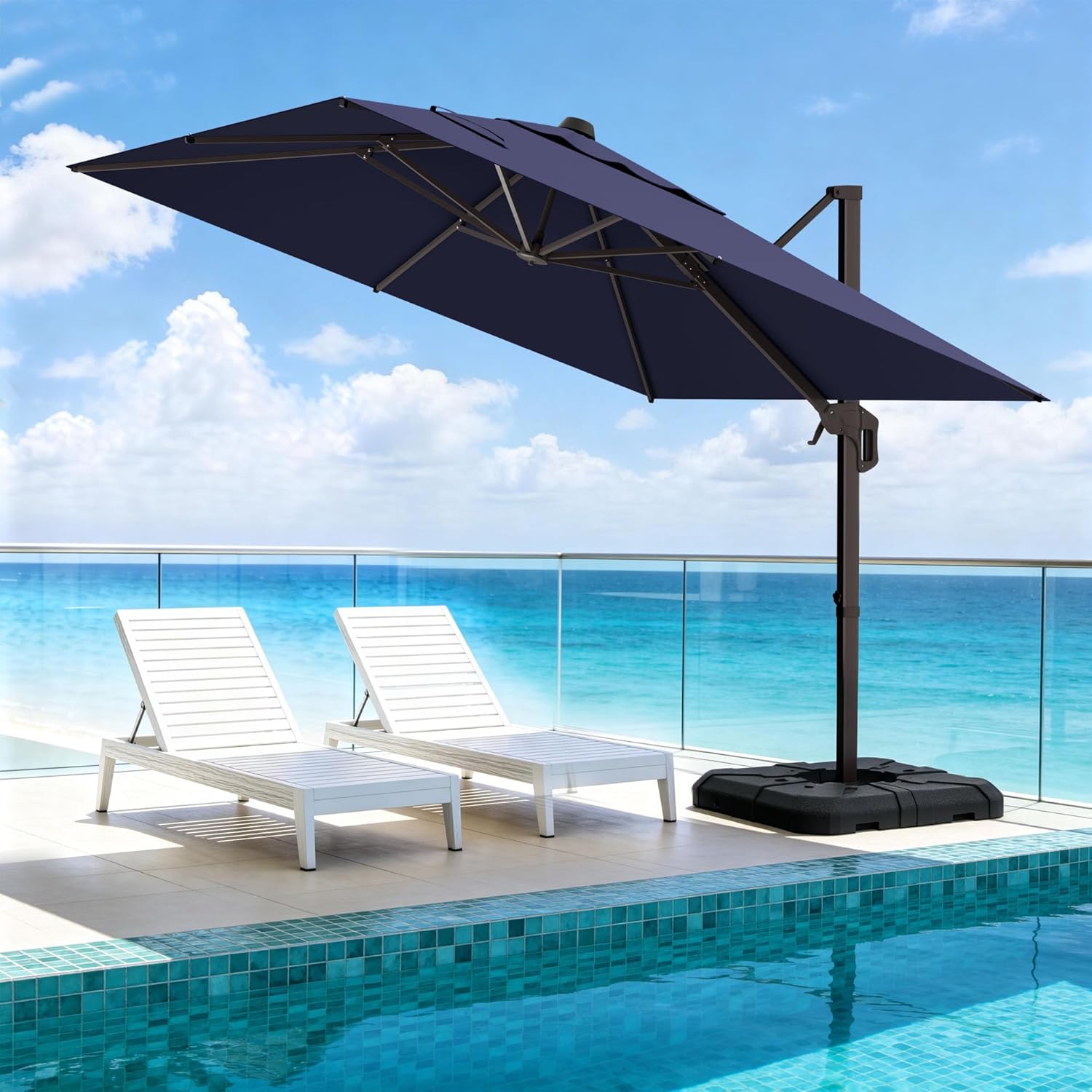 10' X 10' Patio Umbrella Cantilever Outdoor Rectangle Umbrella with Base Included, Heavy Duty 360°Rotation Offset Umbrella for Garden Deck Pool Patio, Navy Blue
