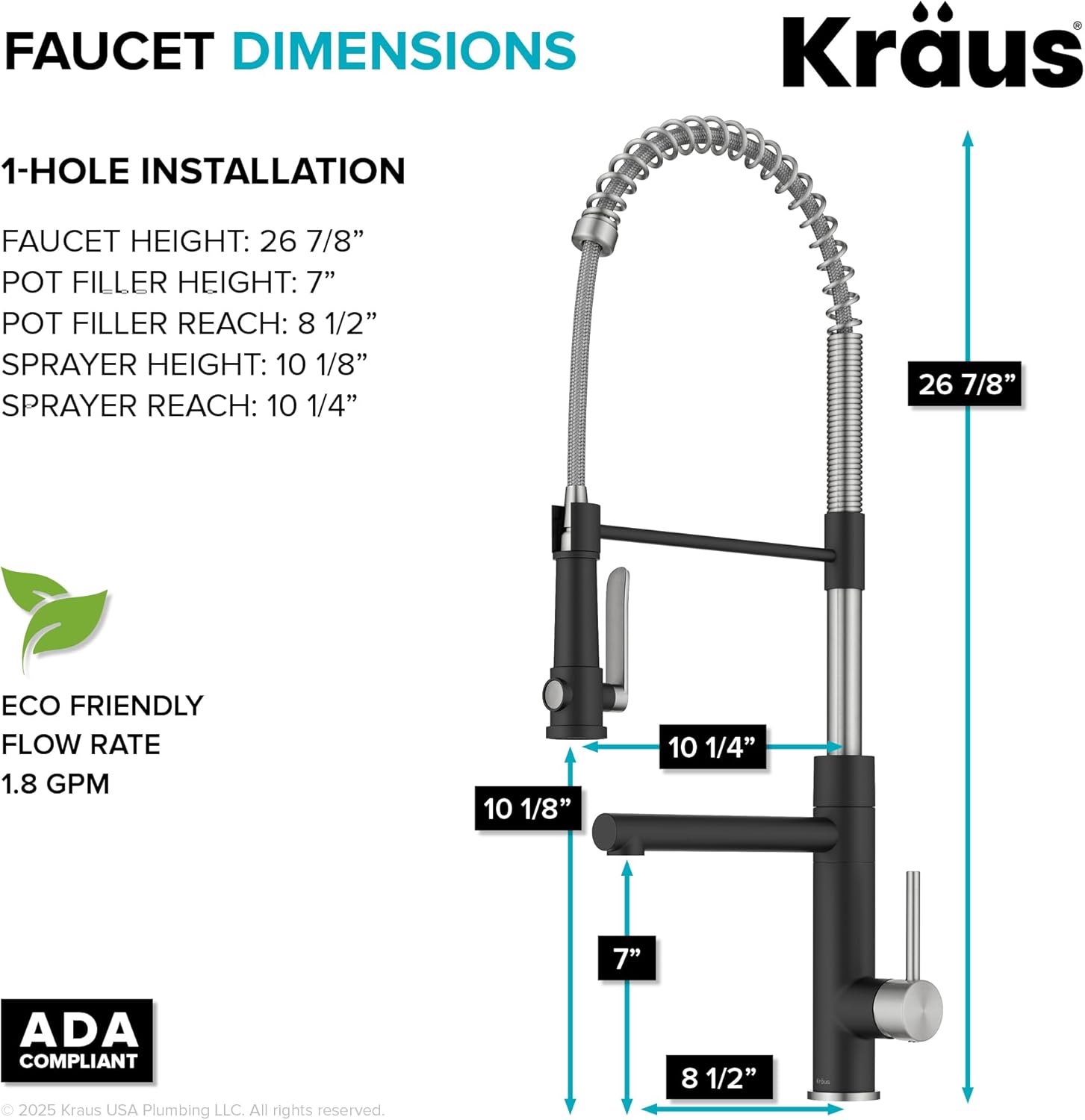 KRAUS Artec Pro Commercial Style 2-Function Single Handle Pull Down Kitchen Faucet with Pot Filler in Spot-Free Stainless Steel/Matte Black, KPF-1605SFSMB