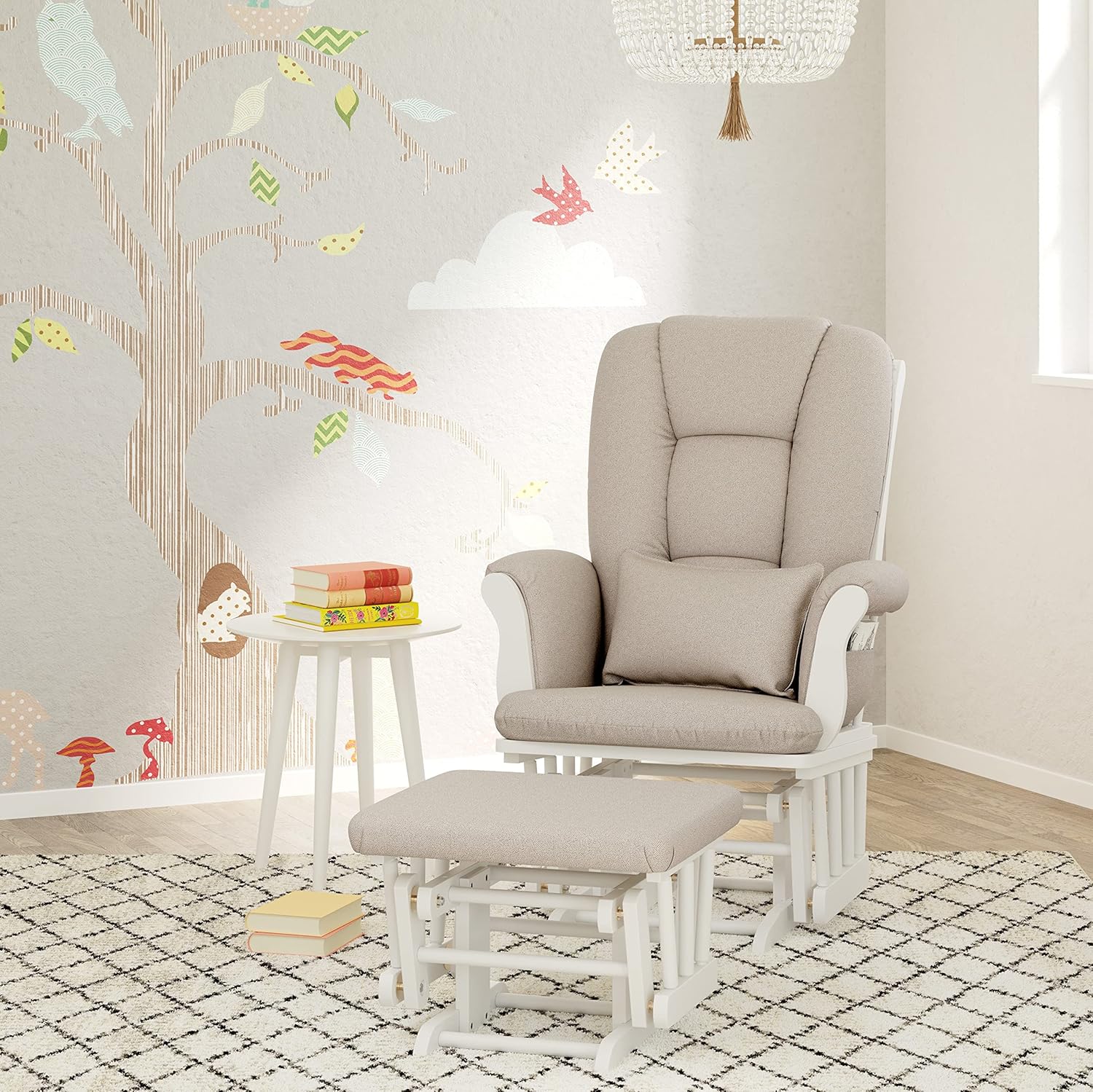 Storkcraft Tuscany Custom Glider and Ottoman with Free Lumbar Pillow (White/Taupe Swirl) - Cleanable Upholstered Comfort Rocking Nursery Chair with Ottoman