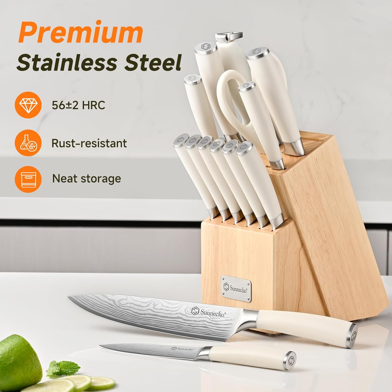 Sunnecko Knife Set with Block and Sharpener, 15 Piece Kitchen Knife Block Set Sharp Kitchen Knives High Carbon Stainless Steel with White Handles