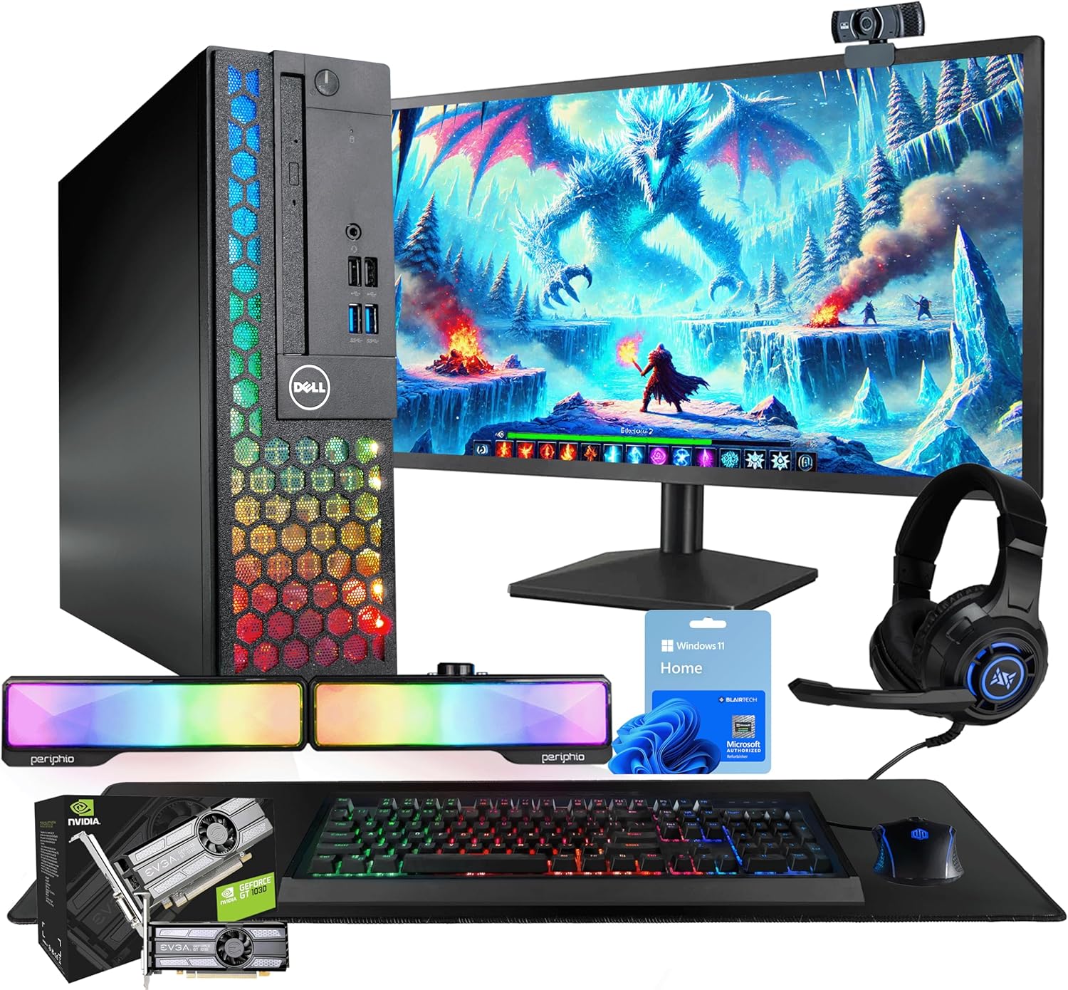 Dell RGB Light Gaming PC Bundle (Renewed) | Intel Core i5 | 16GB RAM | 500GB SSD | NVIDIA GT 1030 2GB | Windows 11 Pro | 24” FHD Monitor | RGB Soundbar, Keyboard, Mouse & Headphones | (Renewed)