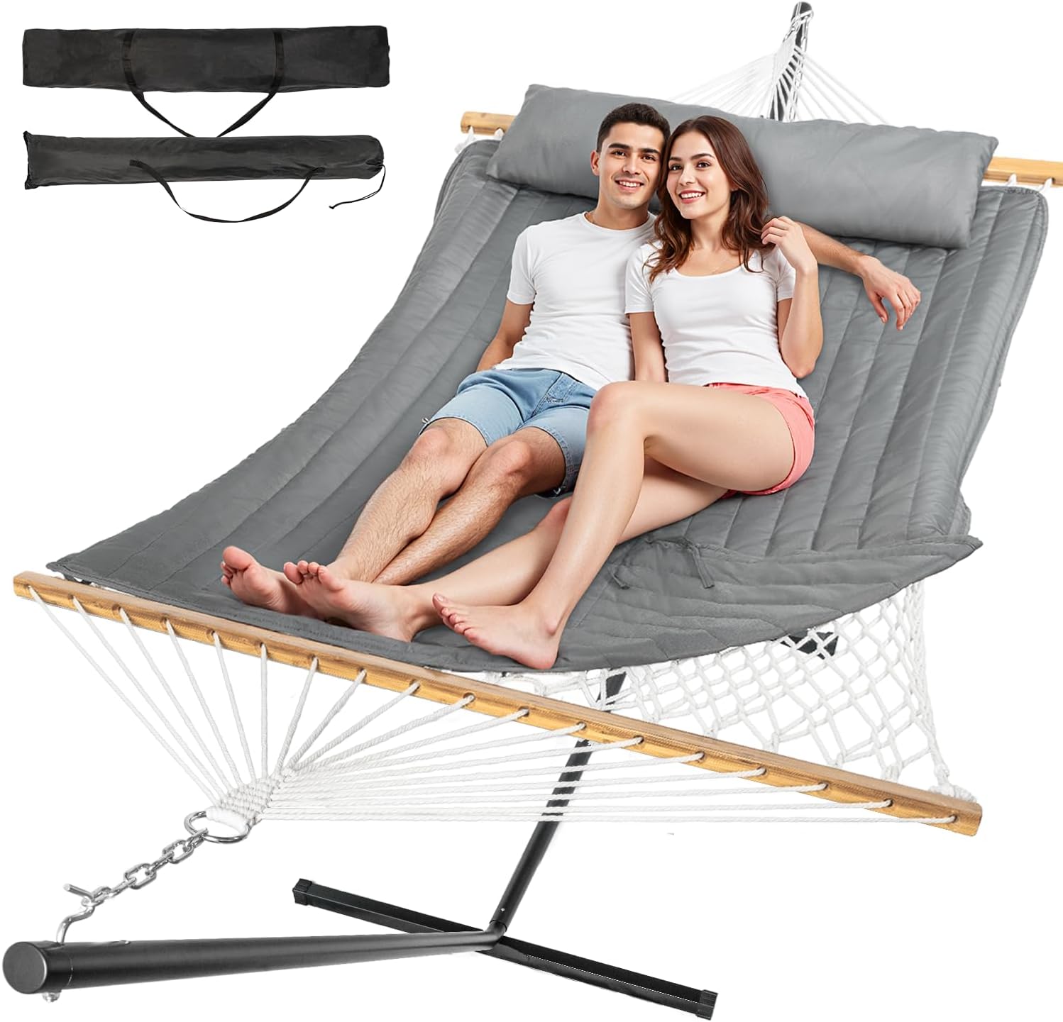 Everyfun 2 Person Outdoor Hammock with Stand, Cotton Rope Hammock with Polyester Pad, Adjustable Steel Frame, Portable with Carrying Bag – for Patio, Backyard, Garden, Beach,Dark-Gray