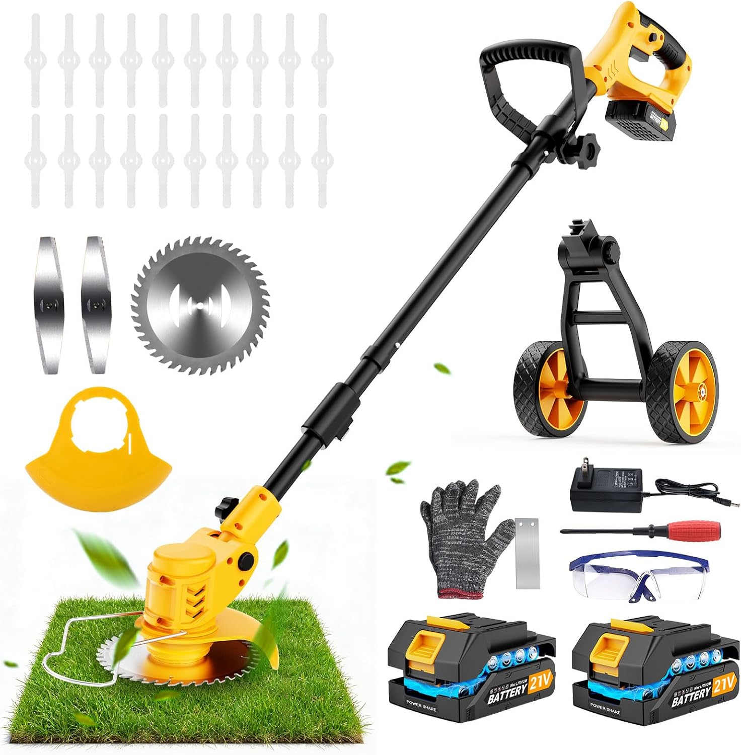 Electric Weed Wacker Cordless, Electric String Trimmer with 3 Types Blades & Removable Auxiliary Wheels, Brush Cutter & Grass Trimmer & Lawn Edger with for Garden Yard
