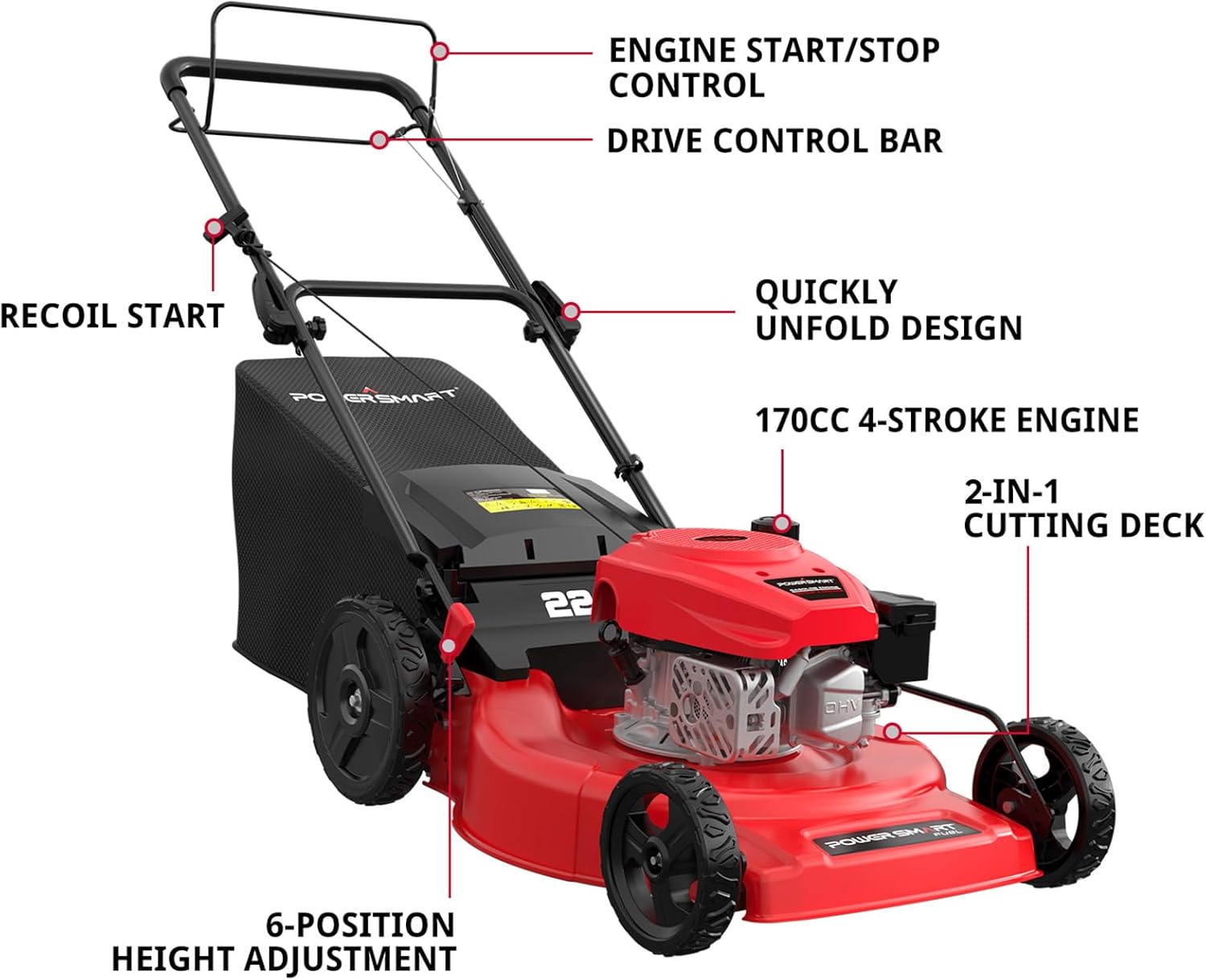 PowerSmart Self Propelled Gas Lawn Mower, 22 in. 170cc OHV Engine 2-in-1 Rear Wheel Drive, High Wheels, 6-Position Height Adjustment