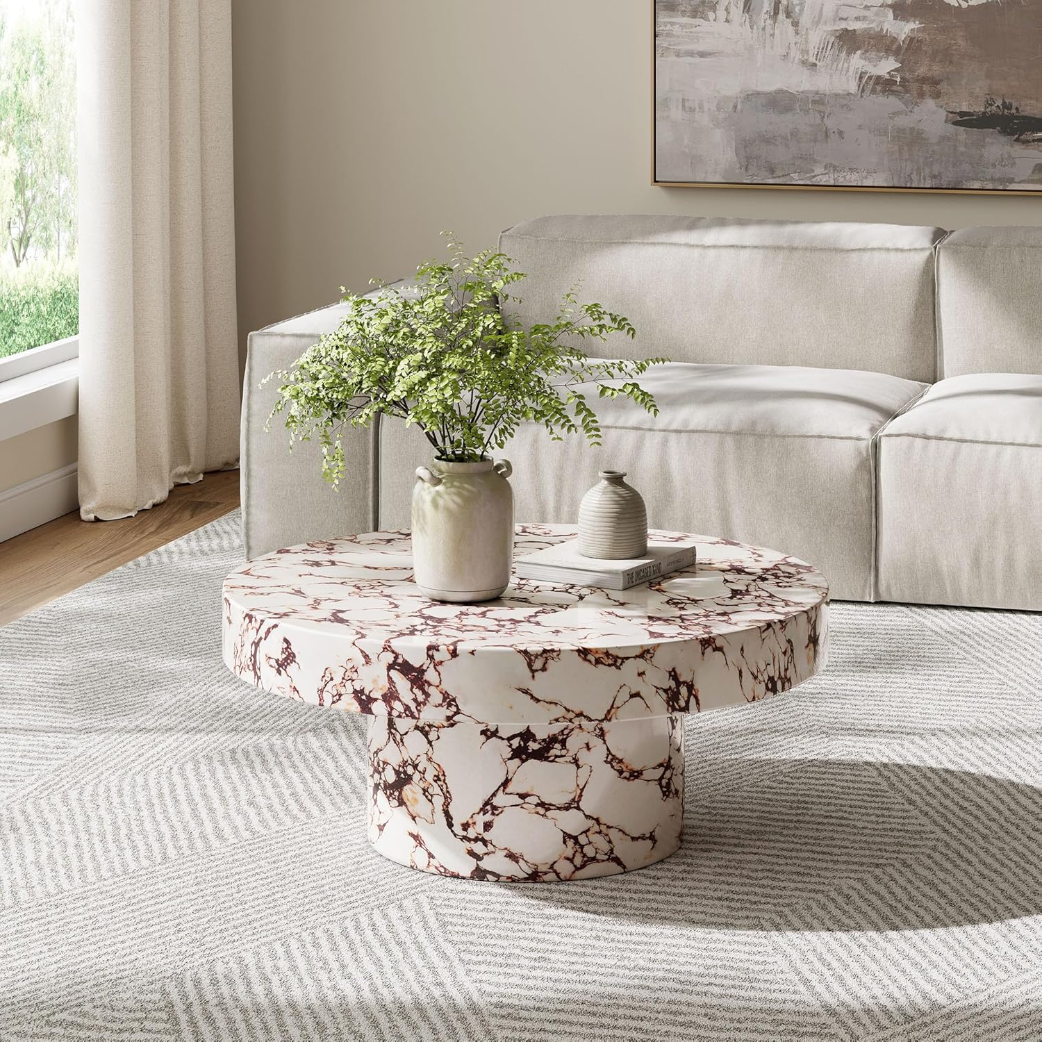 Modway Alora Round Concrete Coffee Table with Faux Stone Finish in Red Marble - Cement Accent Table for Living Room - Stone Patio Center Table - Indoor Outdoor 34 Inch Low Coffee Table